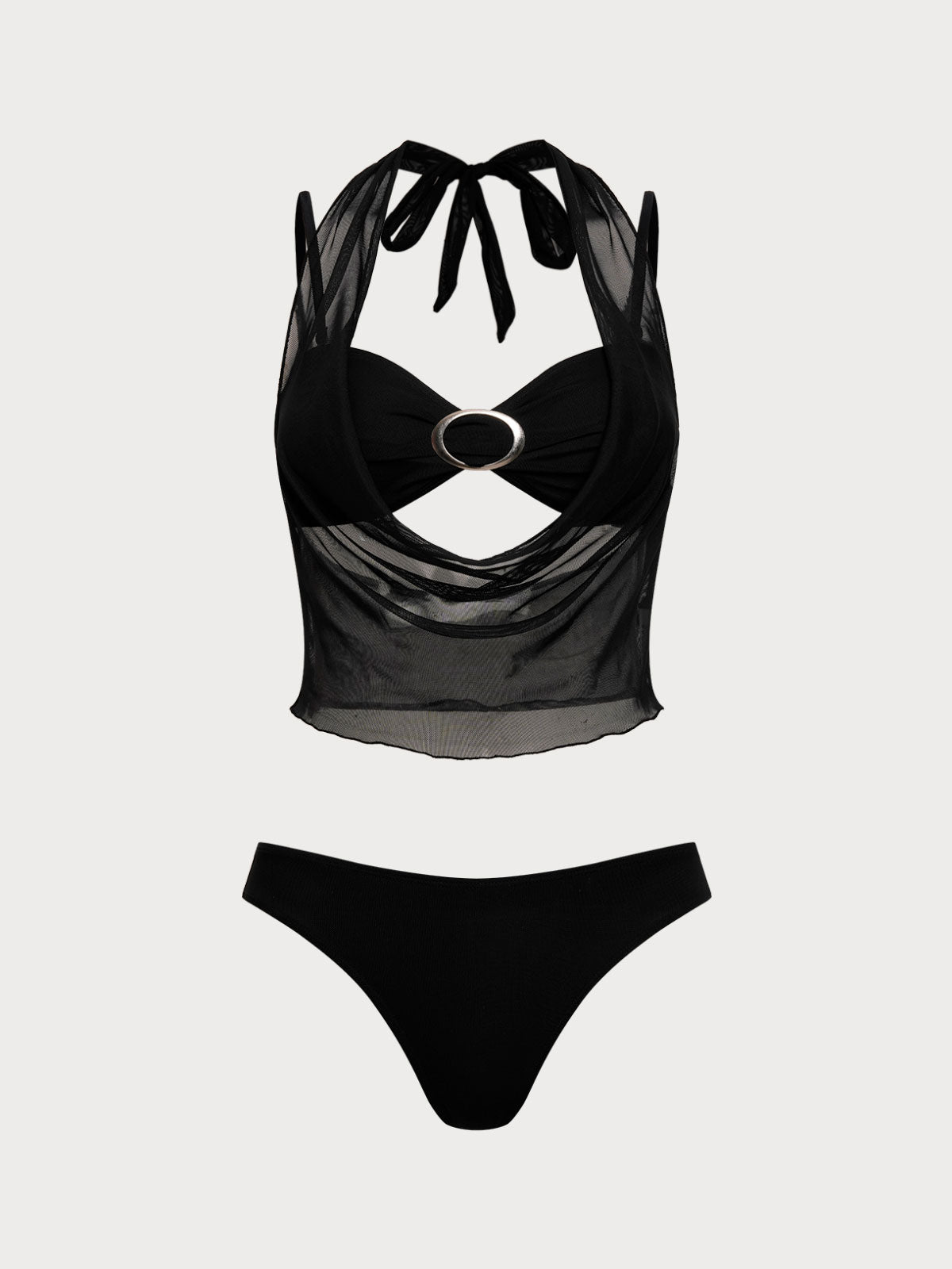 Black Mesh Cover-up Tankini Three-Piece Set
