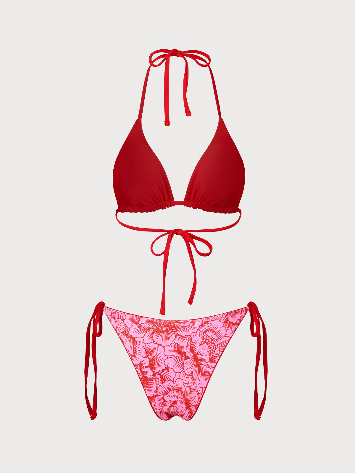 Ensemble bikini triangle réversible à fleurs rouges