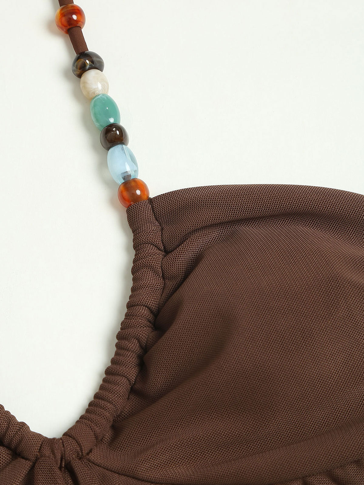 Brown Irregular Hem Contrast Beaded Tankini Set