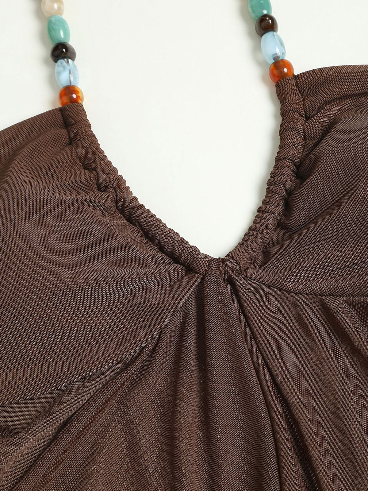 Brown Irregular Hem Contrast Beaded Tankini Set