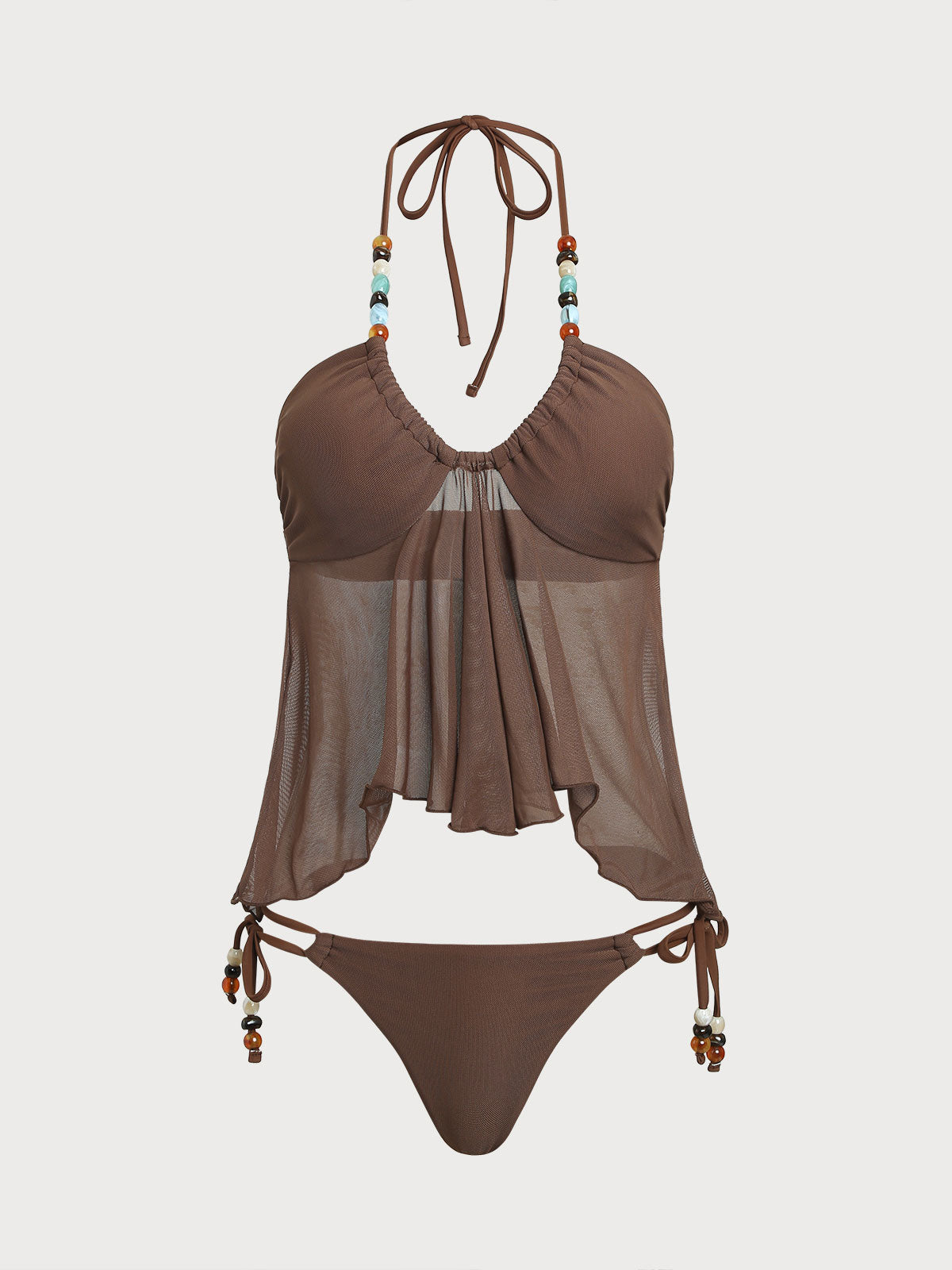 Brown Irregular Hem Contrast Beaded Tankini Set
