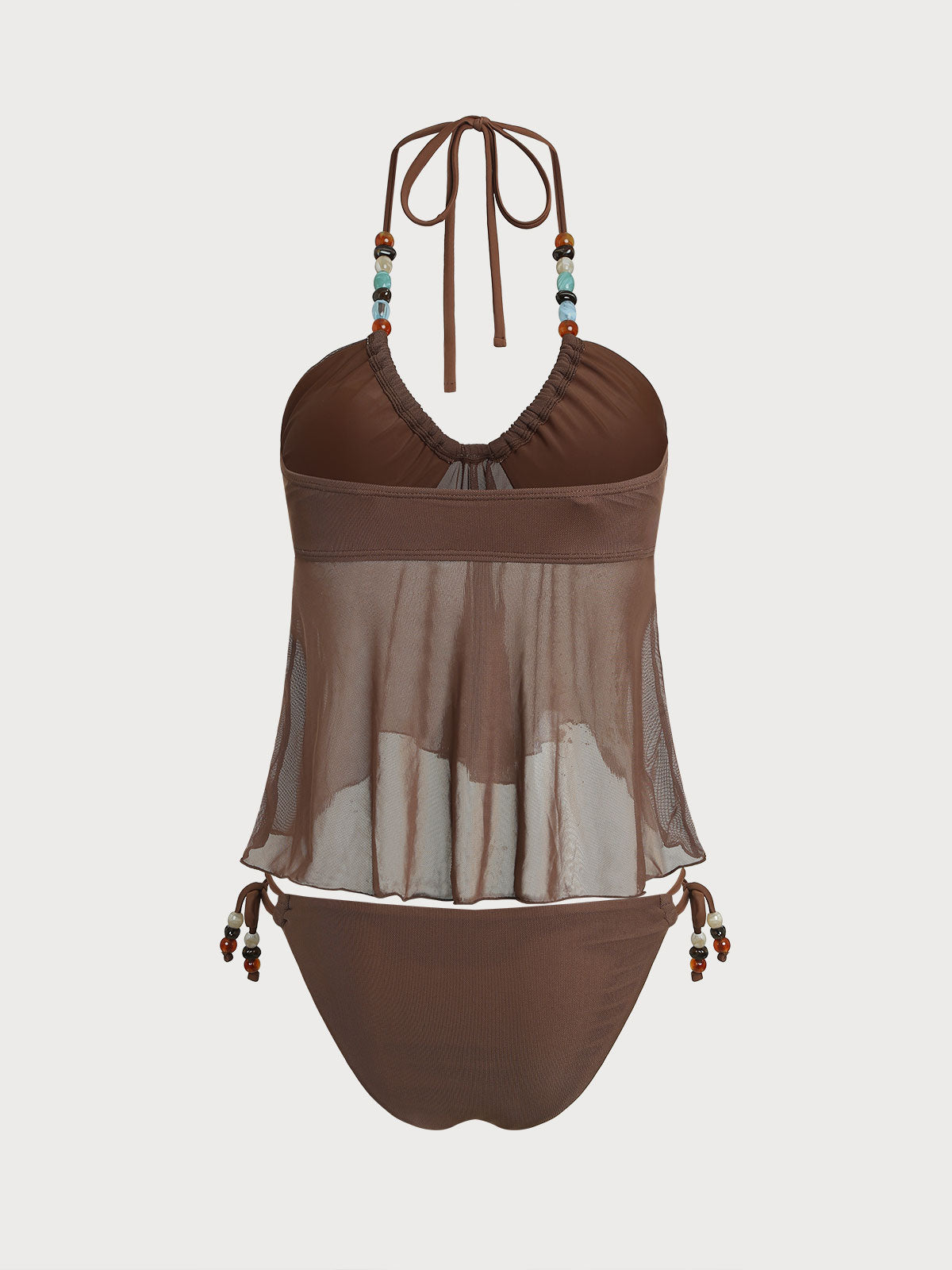 Brown Irregular Hem Contrast Beaded Tankini Set