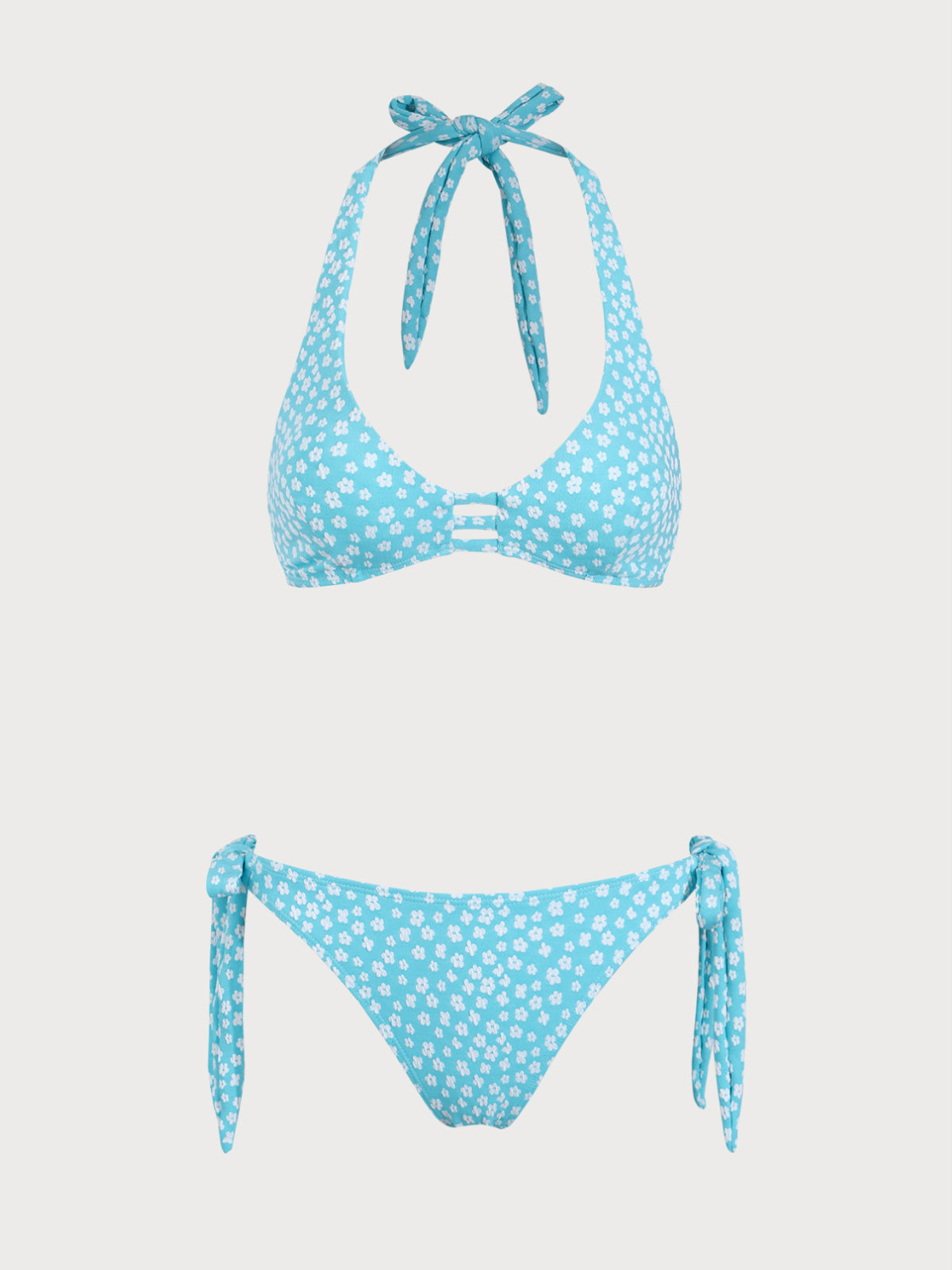 女士涤纶针织碎花撞色比基尼套装 Light Blue Bikinis - SAMIOLSWIM