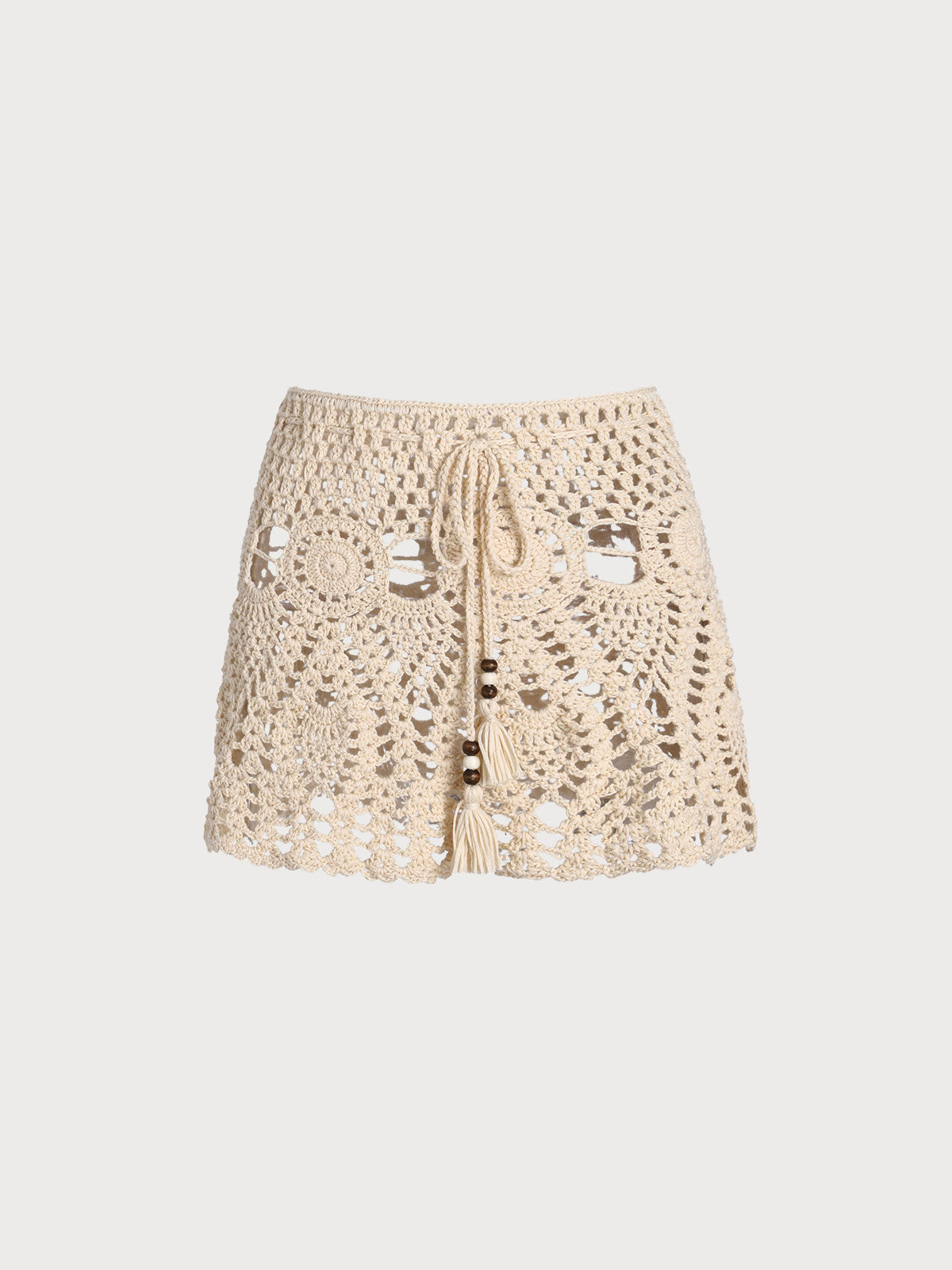 Women'S Acrylic Knit Crochet Shorts Blouse Beige Cover-ups - SAMIOLSWIM