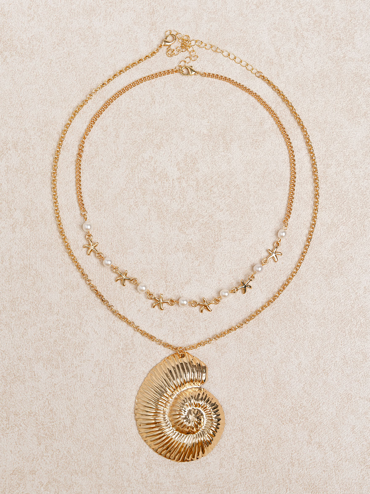 Women'S Double Large Conch Starfish Imitation Pearl Necklace Gold Necklaces - SAMIOLSWIM