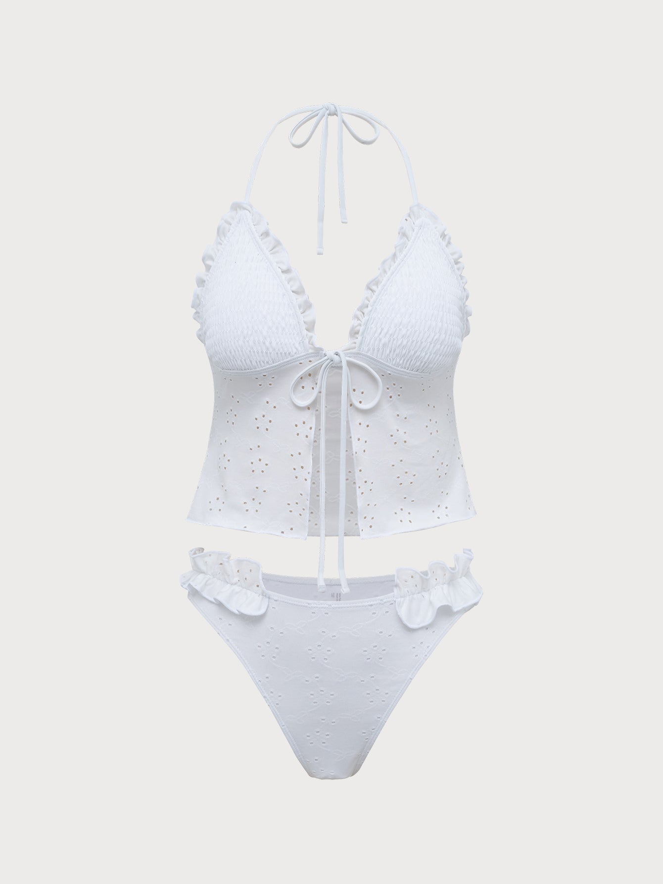 Women'S Knitted Polyester Ruffled Tankini Swimsuit White Tankinis - SAMIOLSWIM