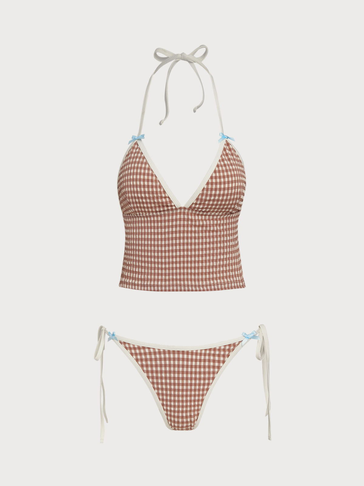 Women'S Nylon Blend Woven Contrast Bow Vintage Tankini Set Brown Tankinis - SAMIOLSWIM