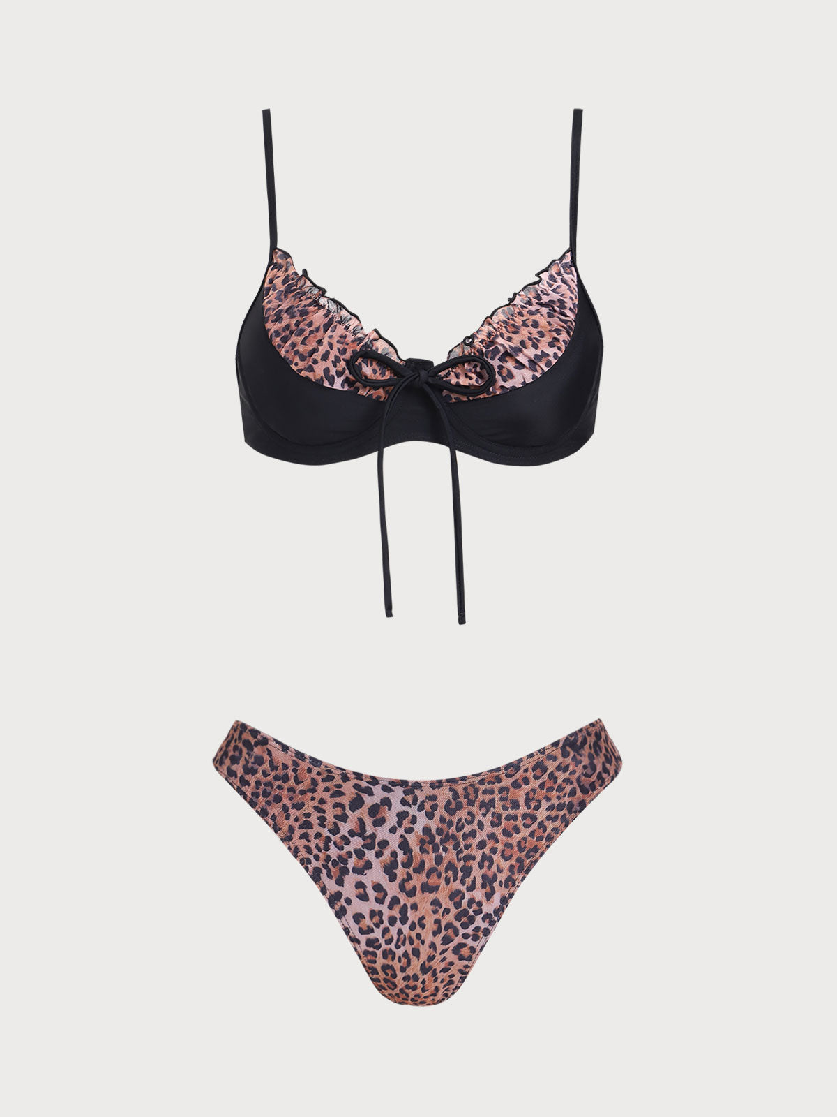 Women'S Nylon Knit Contrast Leopard Print Shirred Bikini Set Brown Bikinis - SAMIOLSWIM