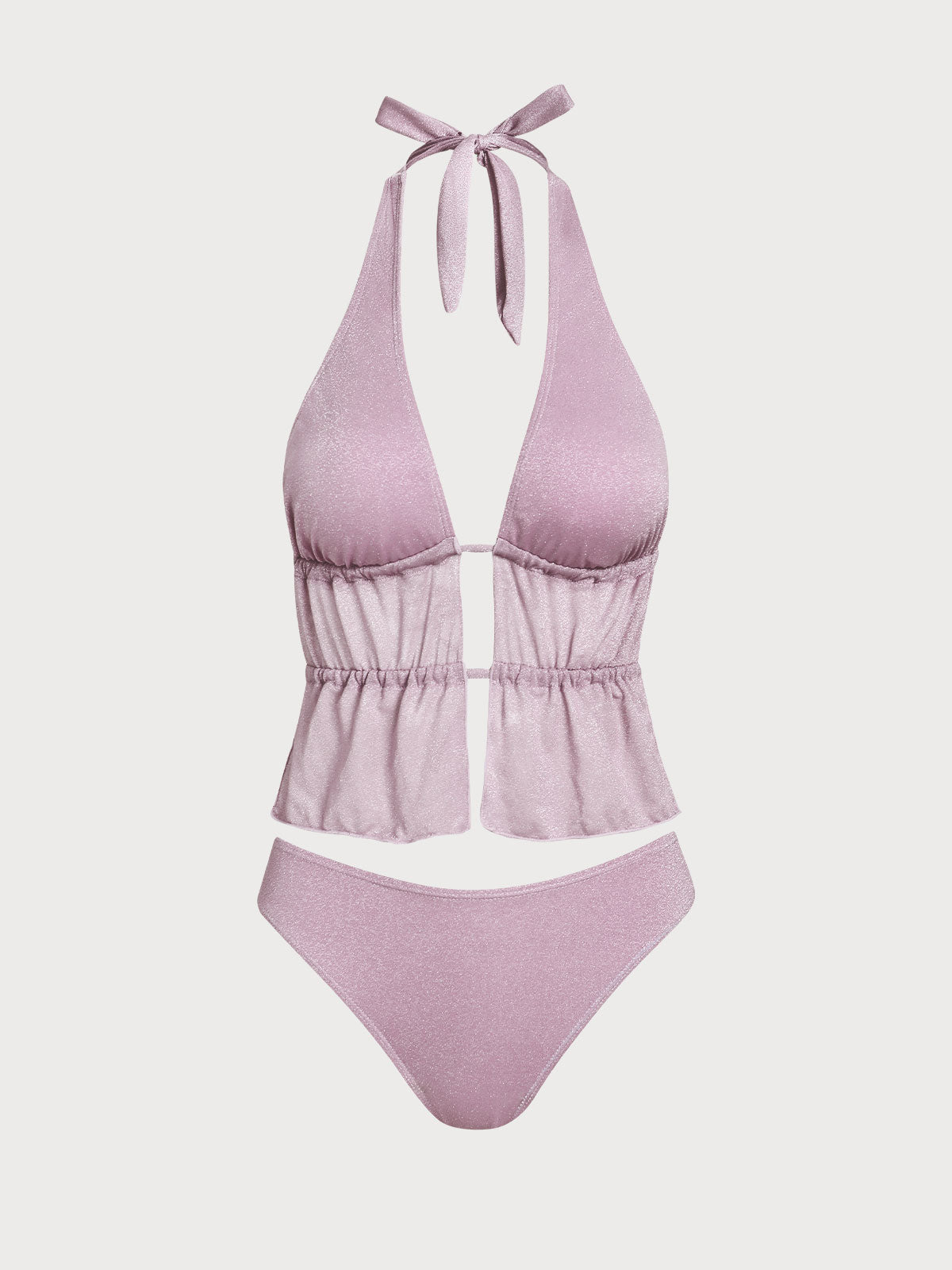 Women'S Nylon Knit Glitter Tie Front Tankini Set Pink Tankinis - SAMIOLSWIM