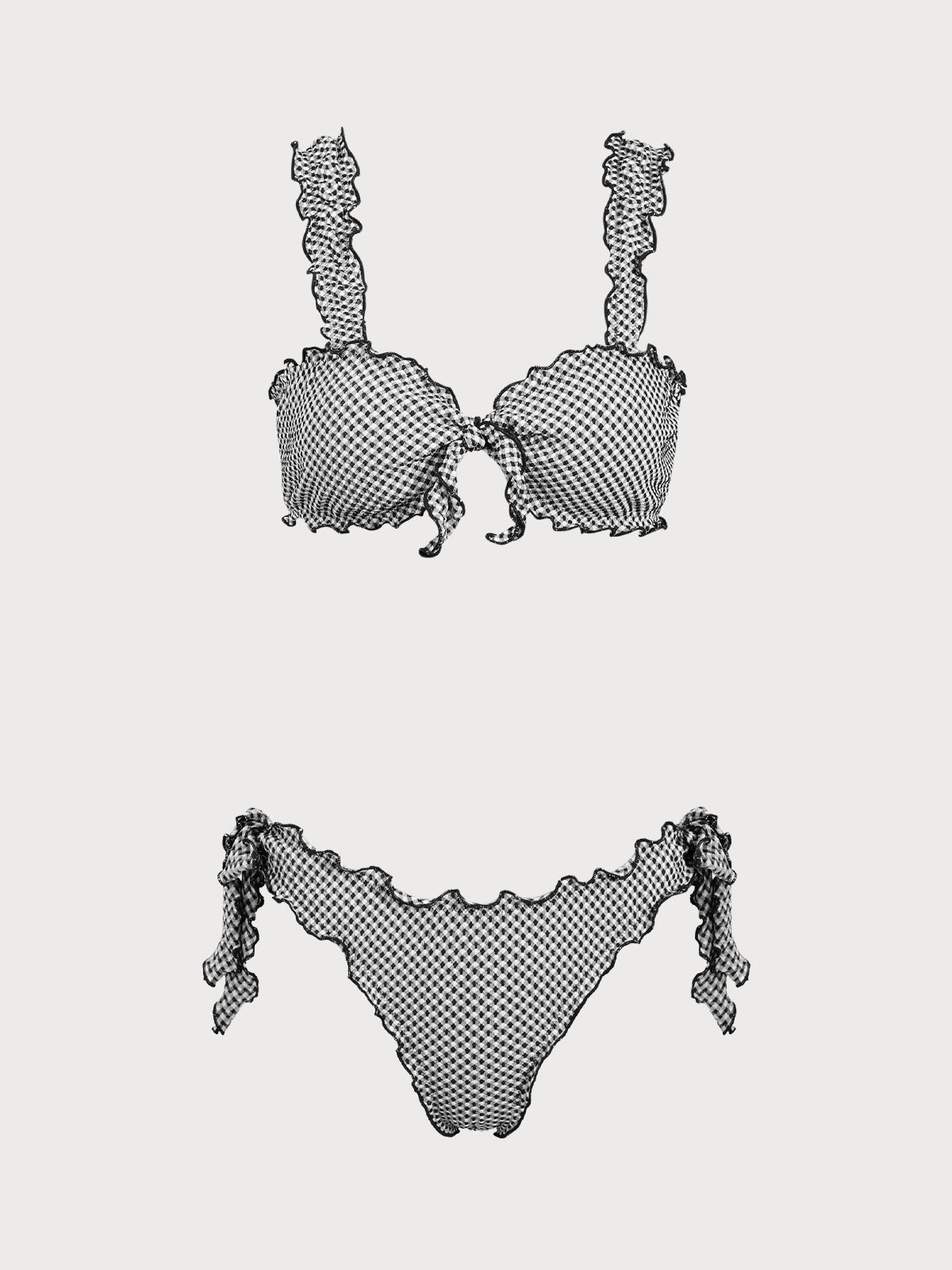 Women'S Nylon Knit Plaid Knotted Bikini Set Black Bikinis - SAMIOLSWIM