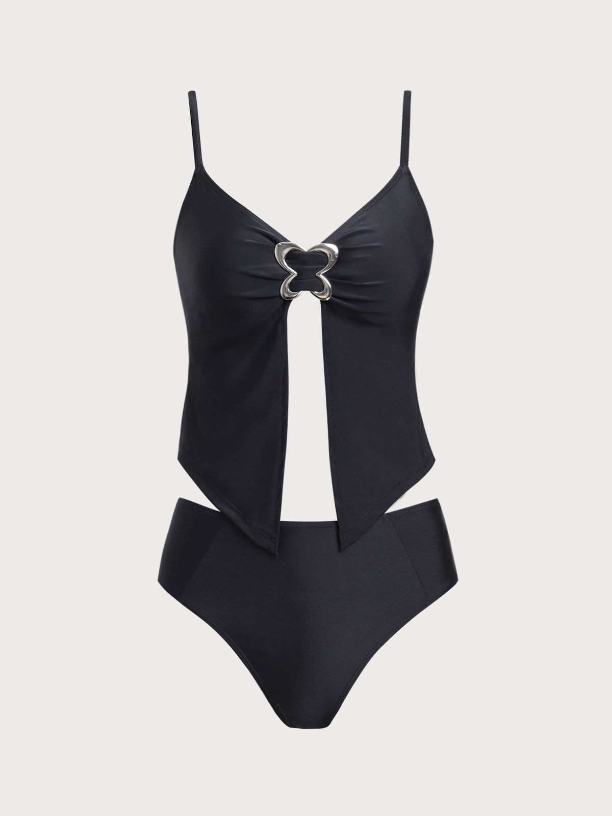 Women'S Nylon Knitted Butterfly Embellished Tankini Swimsuit Black Tankinis - SAMIOLSWIM