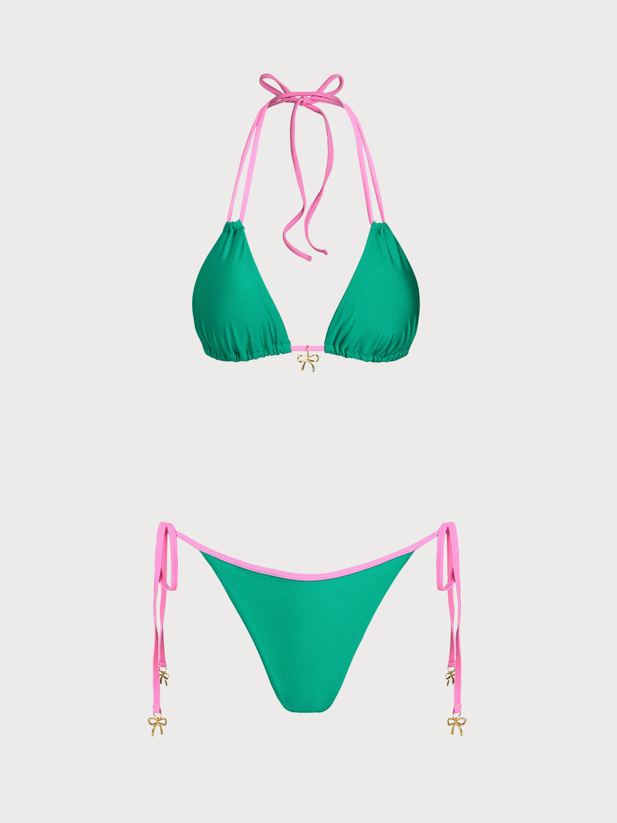 Women'S Nylon Knitted Contrast Bow Decorated Bikini Set Green Bikinis - SAMIOLSWIM