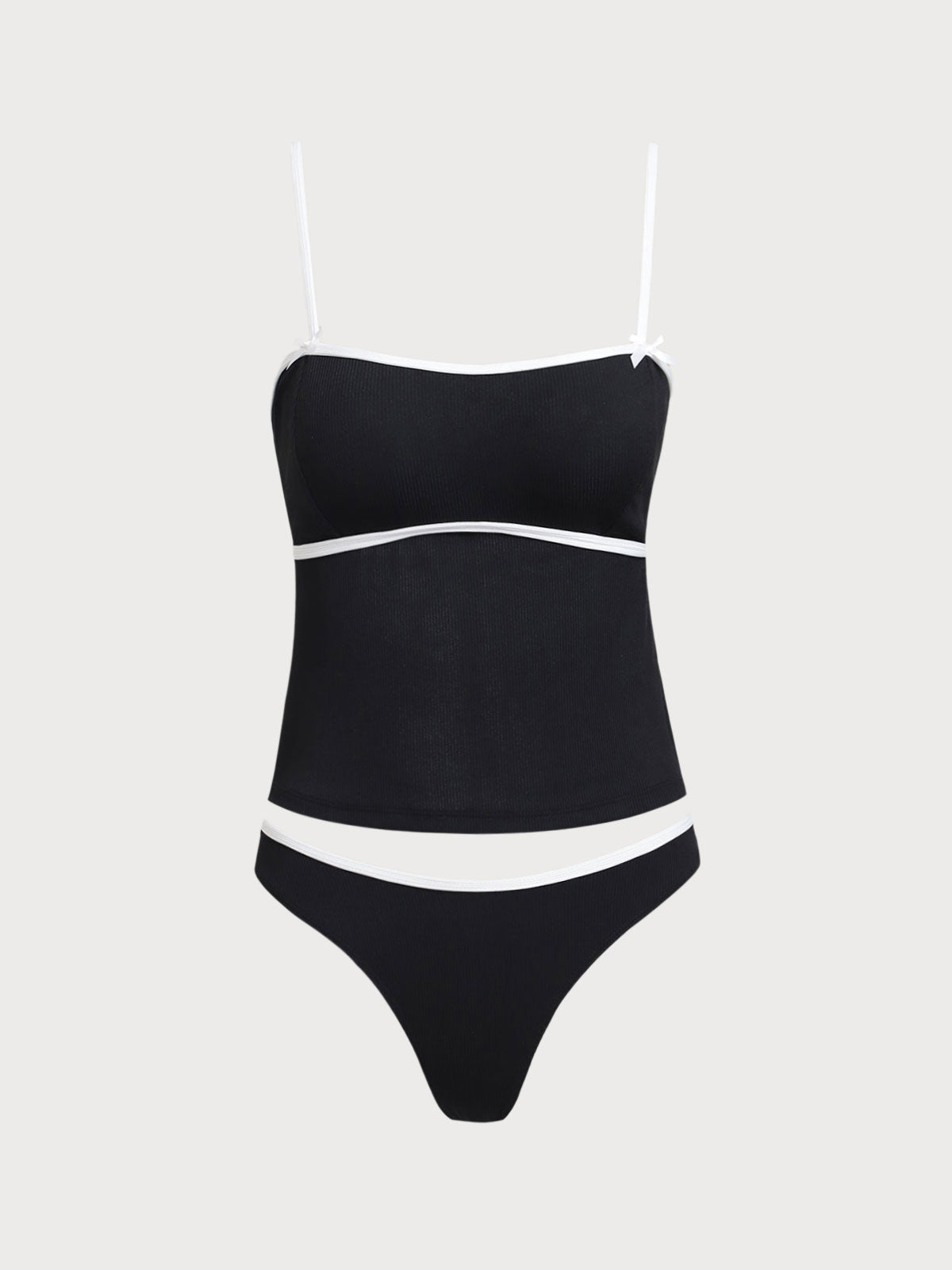 Women'S Nylon Knitted Contrast Color Backless Tankini Swimsuit Black Tankinis - SAMIOLSWIM