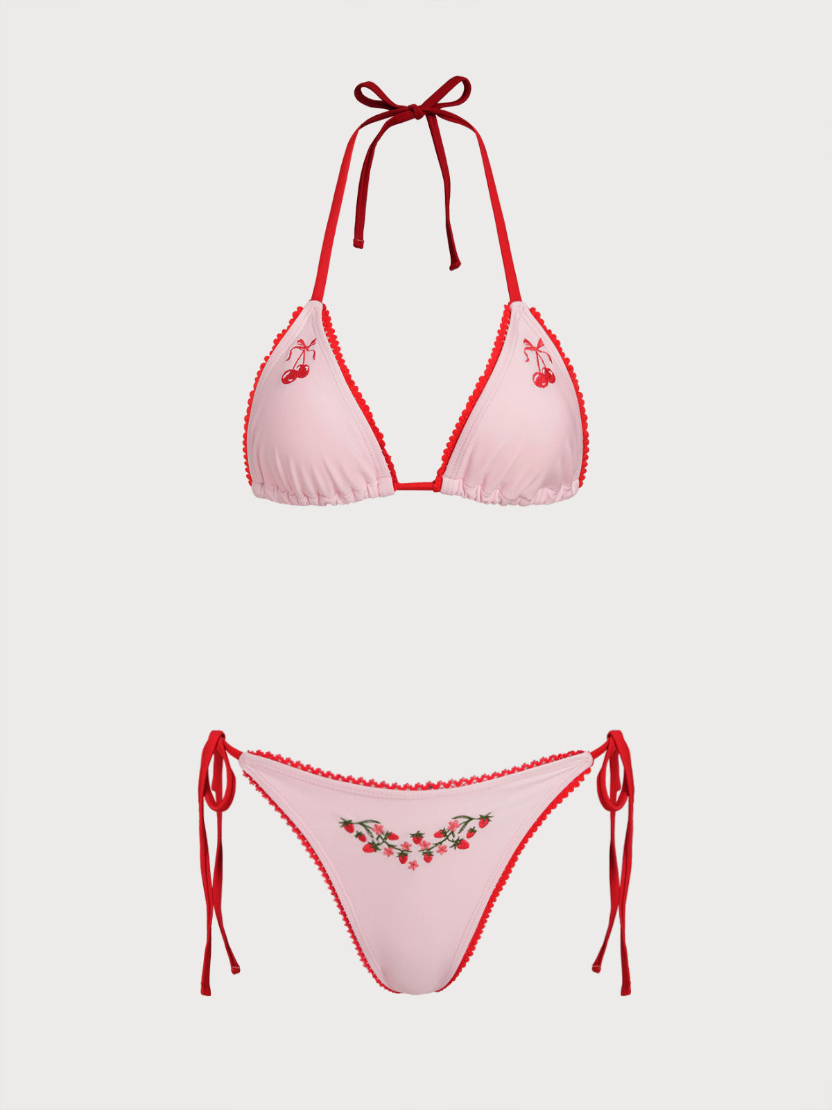Women'S Nylon Knitted Contrast Color Embroidered Cherry Cute Bikini Set Pink Bikinis - SAMIOLSWIM