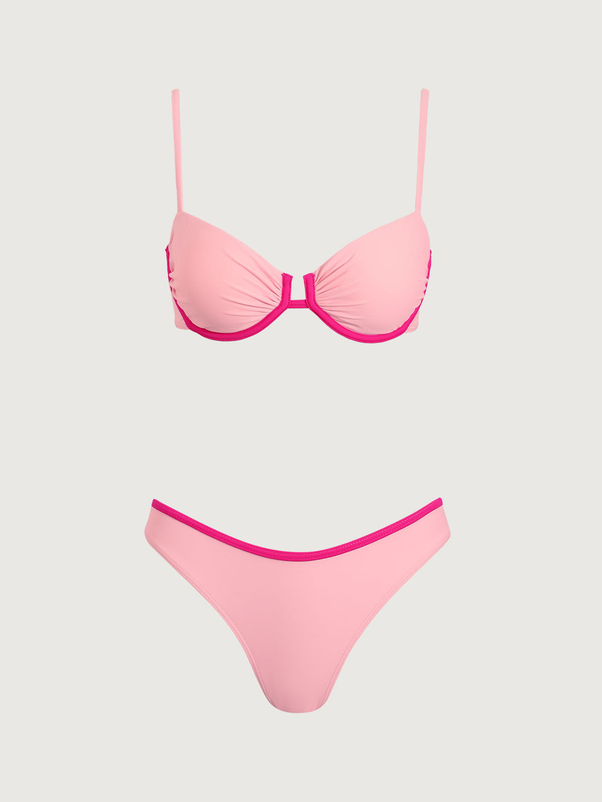 Women'S Nylon Knitted Contrast Underwire Bikini Set Pink Bikinis - SAMIOLSWIM