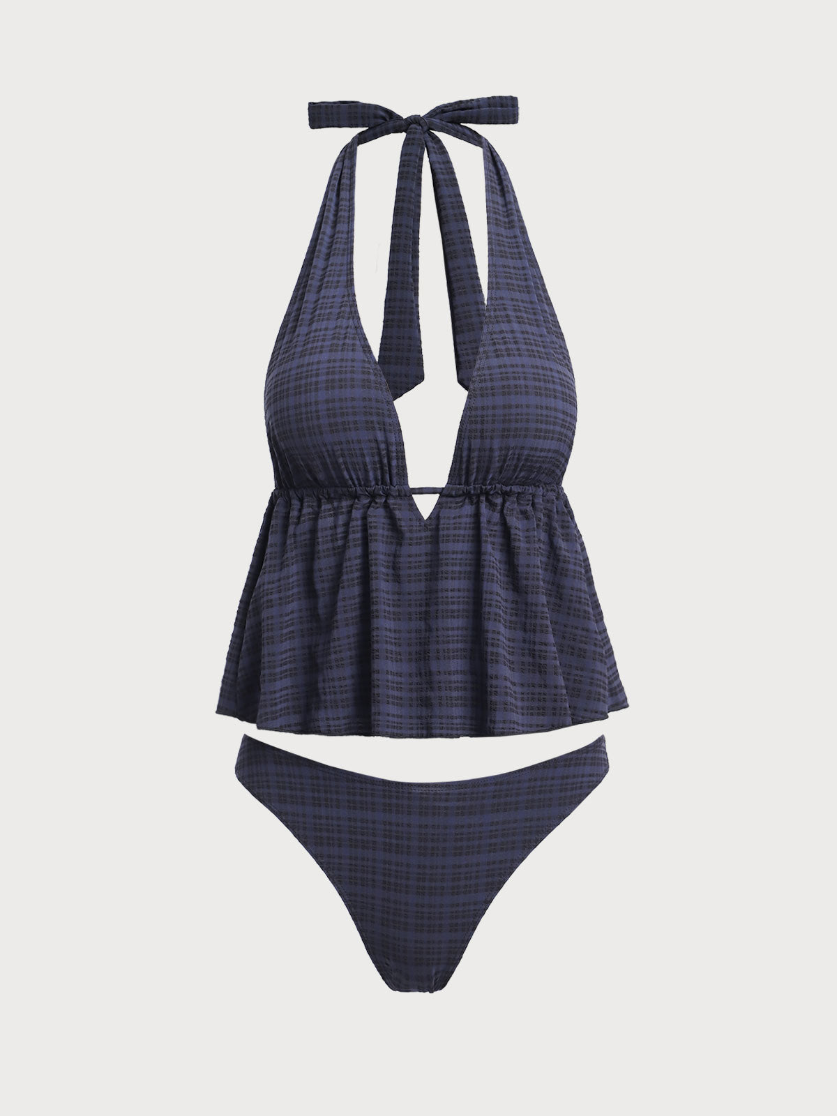 Women'S Nylon Knitted Deep V Plaid Tankini Swimsuit Black Tankinis - SAMIOLSWIM