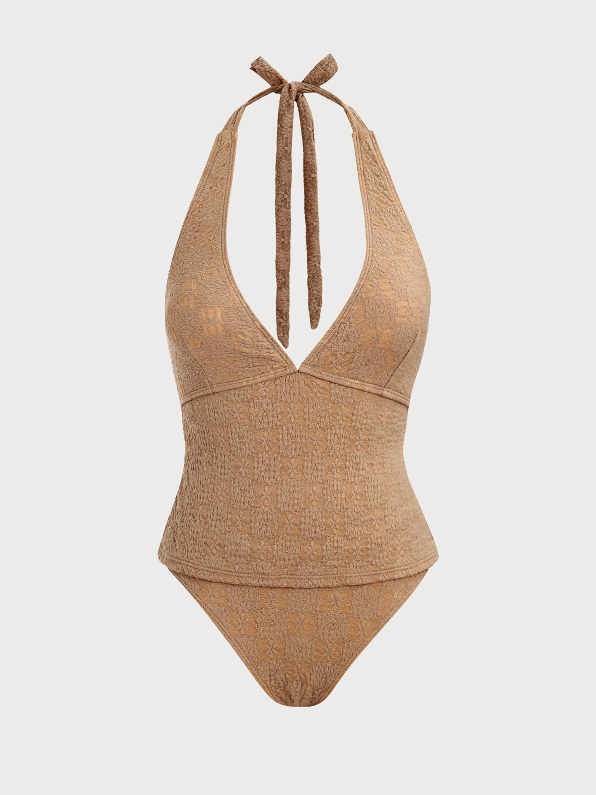 Women'S Nylon Knitted Halter Tankini Swimsuit Brown Tankinis - SAMIOLSWIM