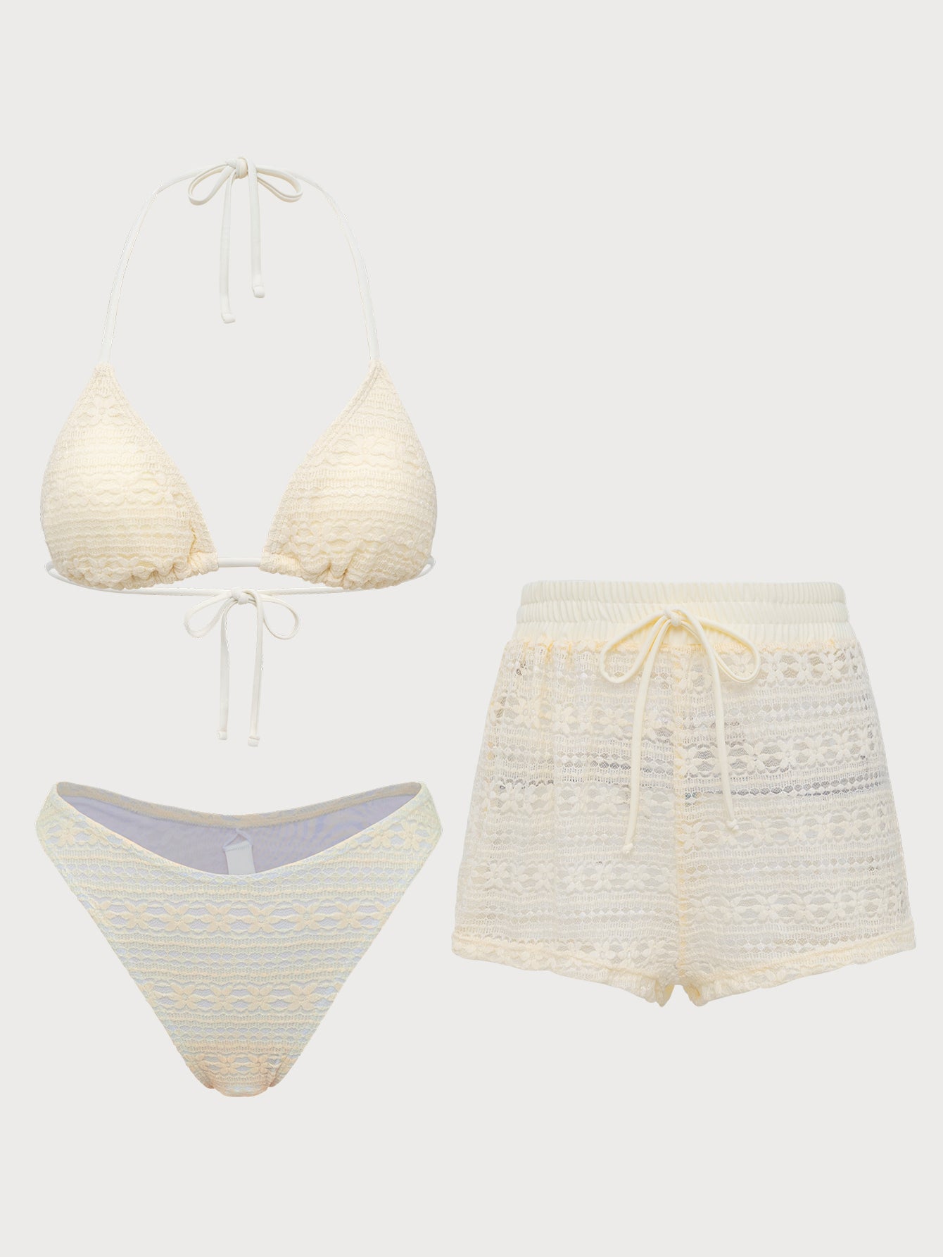 Women'S Nylon Knitted Lace Bikini Briefs Three-Piece Set Cream Bikinis - SAMIOLSWIM