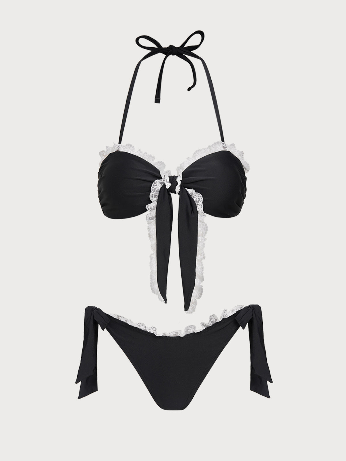 Women'S Nylon Knitted Lace Contrast Color Bikini Set Black Bikinis - SAMIOLSWIM