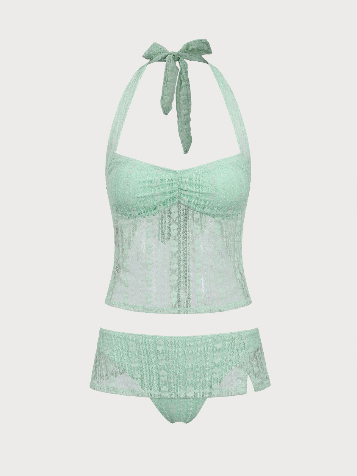 Women'S Nylon Knitted Lace Halter Neck Tankini Swimsuit Cyan Tankinis - SAMIOLSWIM