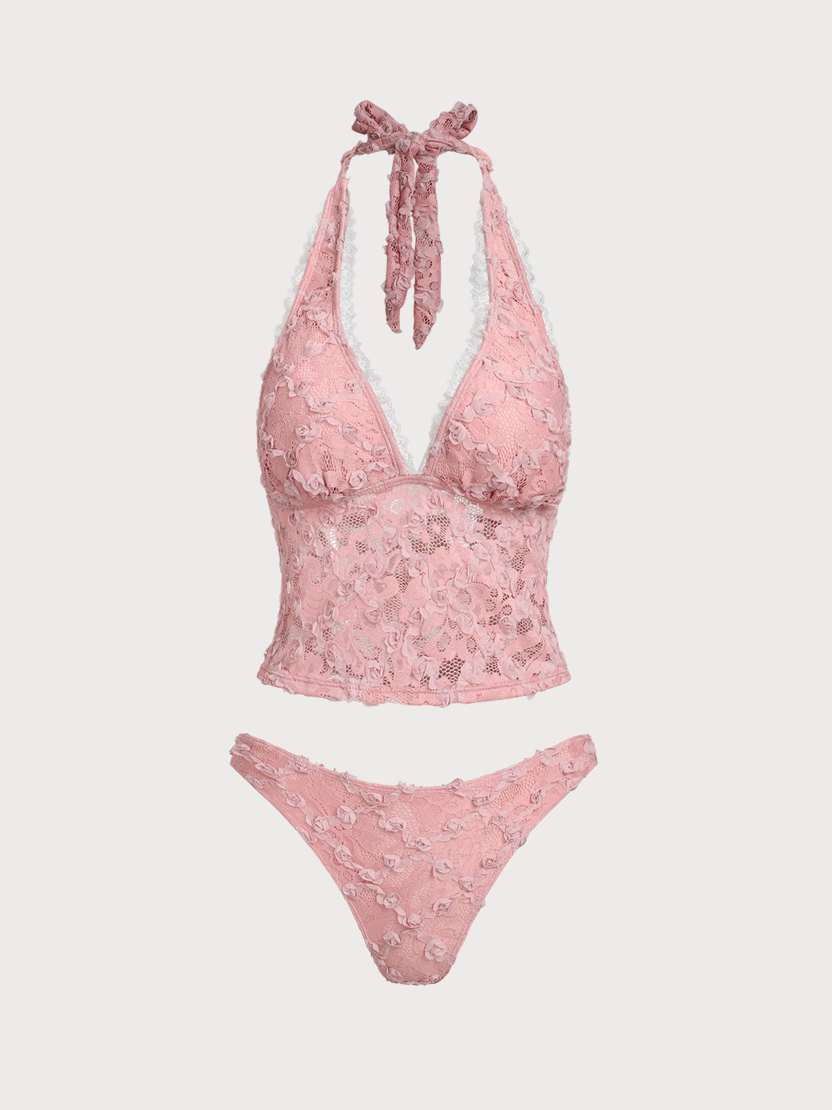 Women'S Nylon Knitted Lace 3D Flower Retro Tankini Set Pink Tankinis - SAMIOLSWIM