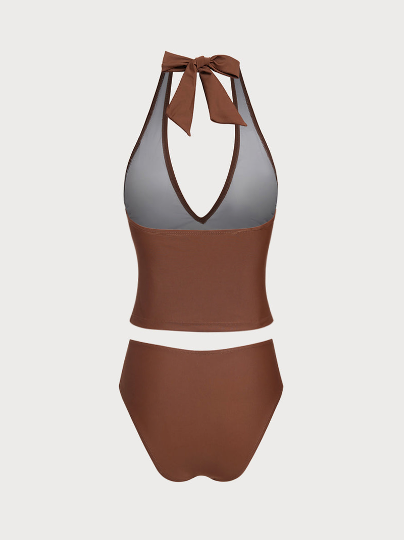 Brown Metal Decorated V-Neck Tankini Set