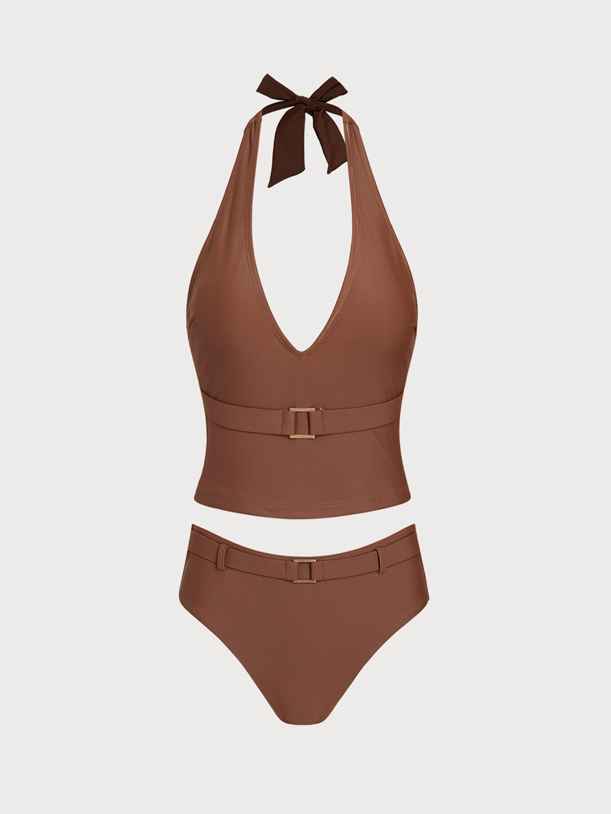 Brown Metal Decorated V-Neck Tankini Set
