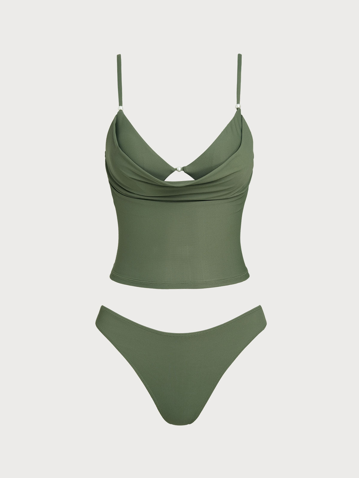 Women'S Nylon Knitted Ribbed Fake Two-Piece Tankini Set Grey Green Tankinis - SAMIOLSWIM
