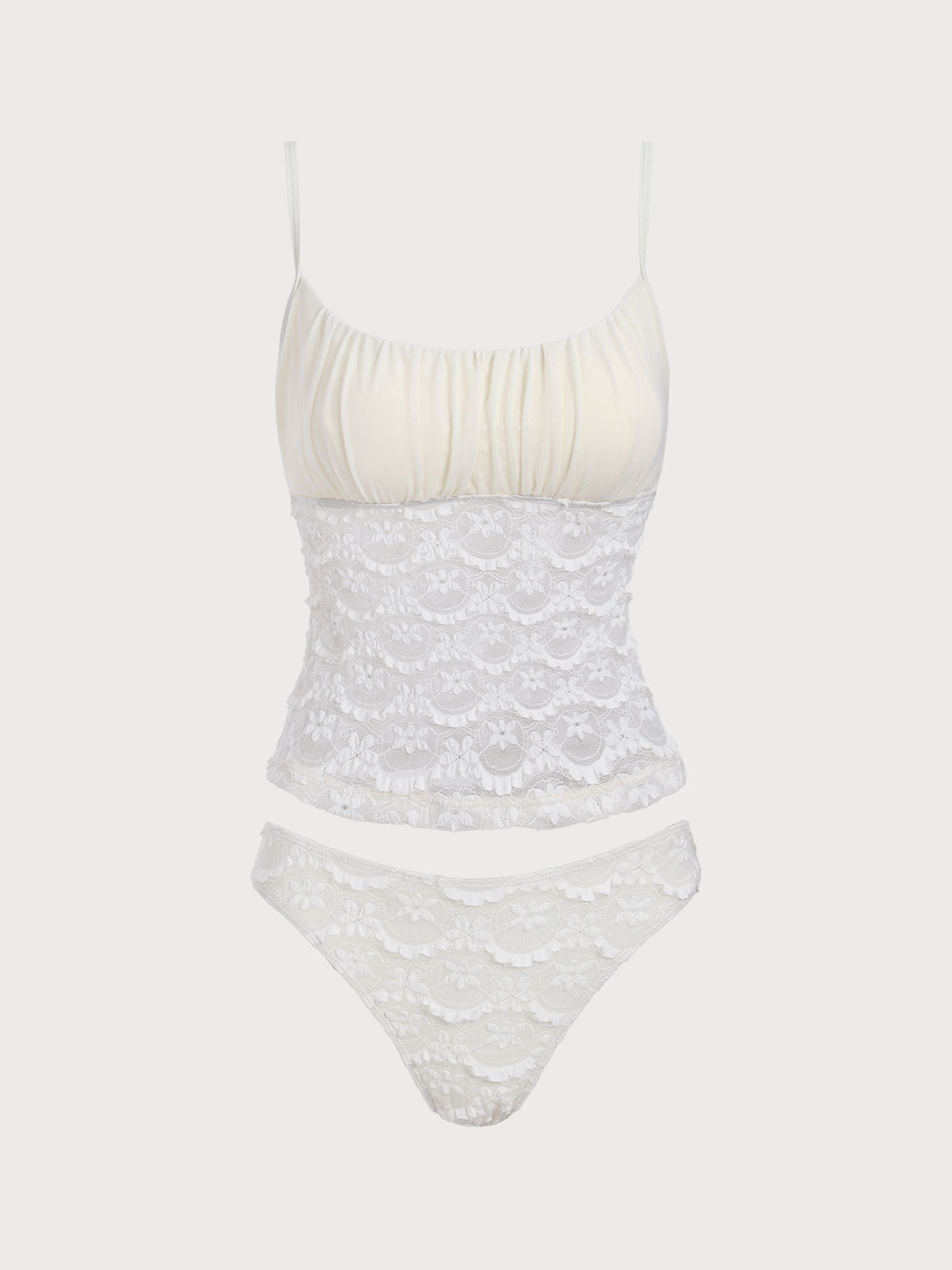 Women'S Nylon Knitted Ruched Hollow Mesh Flower Tankini Swimsuit Off White Tankinis - SAMIOLSWIM