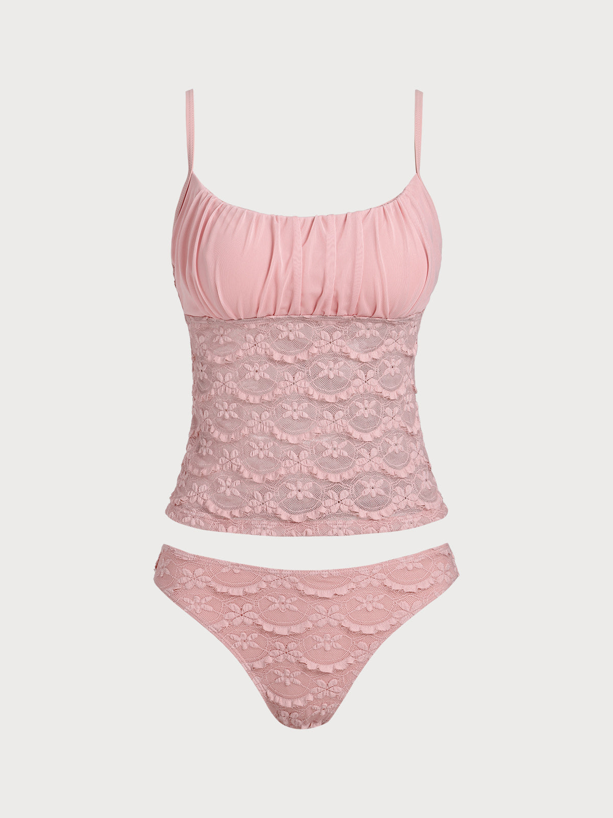 Women'S Nylon Knitted Ruched Hollow Mesh Flower Tankini Swimsuit Pink Tankinis - SAMIOLSWIM