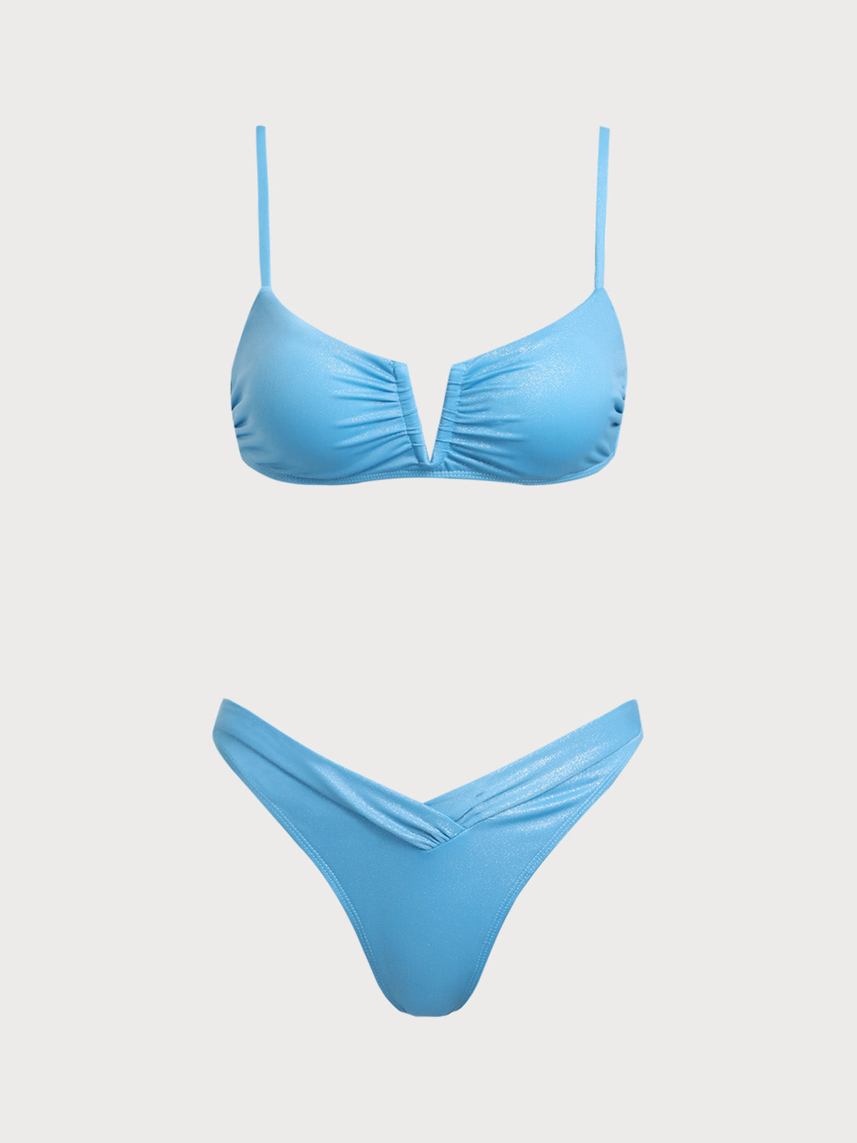 Women'S Nylon Knitted V-Shaped Pleated Bikini Set Blue Bikinis - SAMIOLSWIM