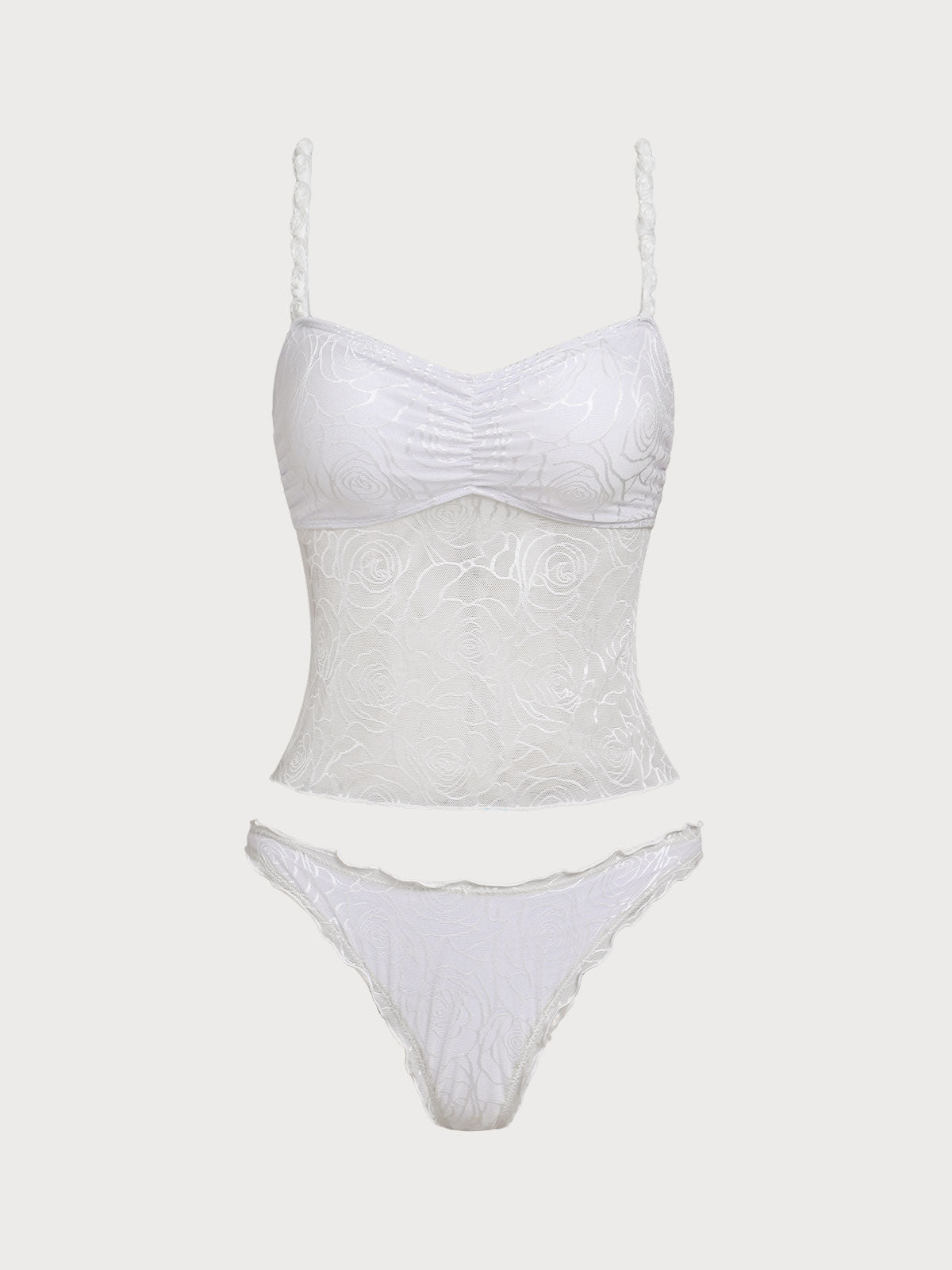 Women'S Nylon Knitted 3D Flower Strap Lace Tankini Set White Tankinis - SAMIOLSWIM