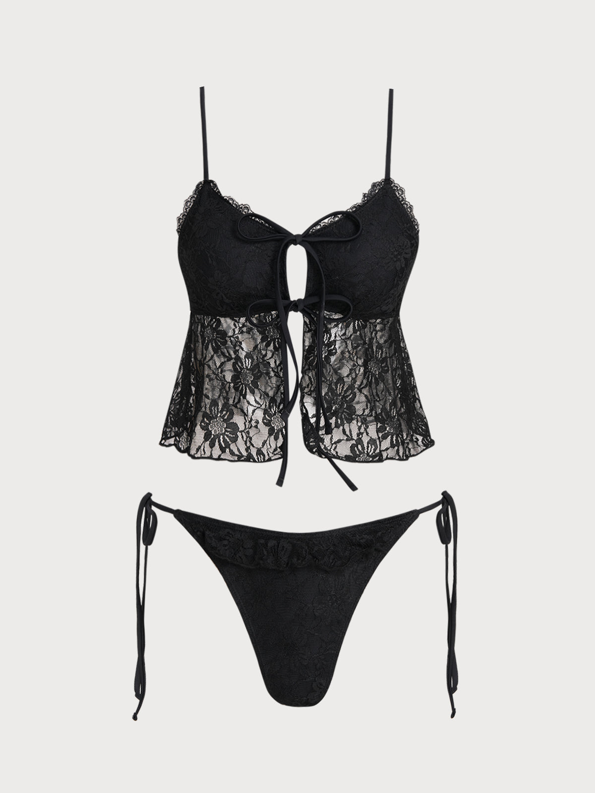 Women'S Nylon Woven Lace Mesh Front Tie Bikini Set Black Bikinis - SAMIOLSWIM