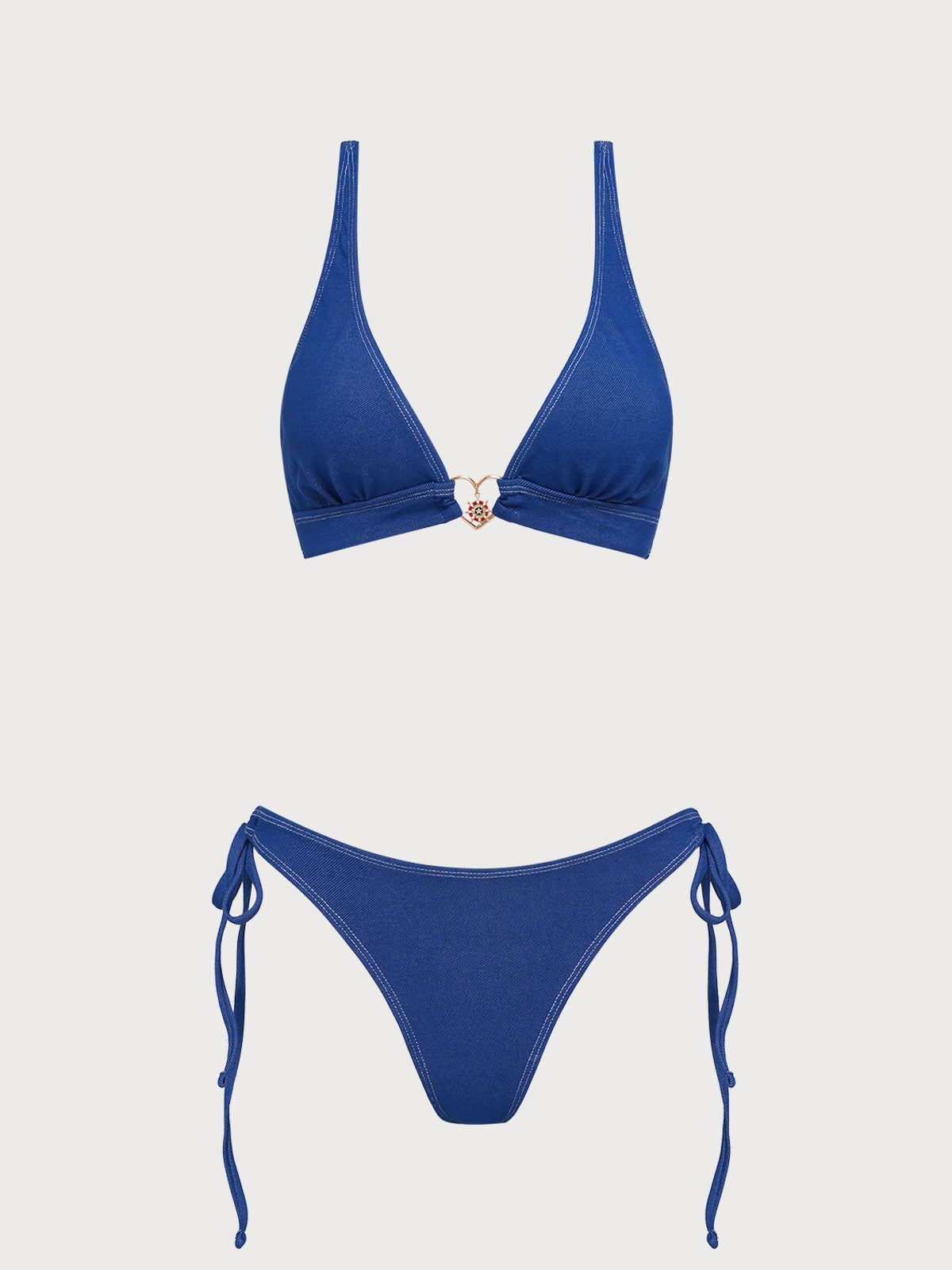Women'S Polyester Blend Denim Heart Decorated Bikini Set Blue Bikinis - SAMIOLSWIM