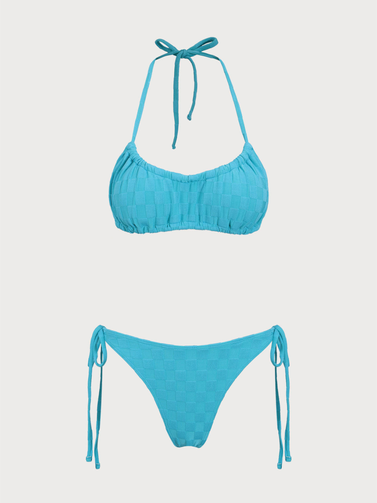 Women'S Polyester Checkered Ruched Bikini Set Blue Bikinis - SAMIOLSWIM
