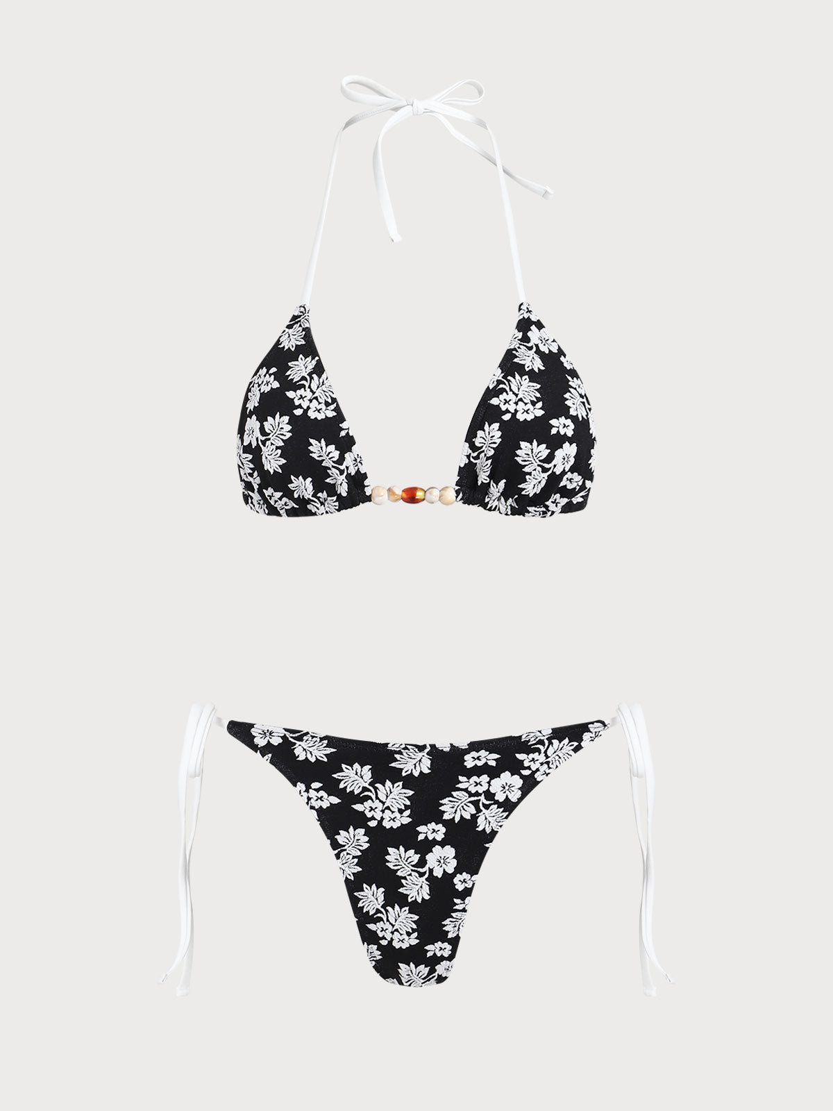 Women'S Polyester Knit Contrast Beaded Bikini Set Black Bikinis - SAMIOLSWIM