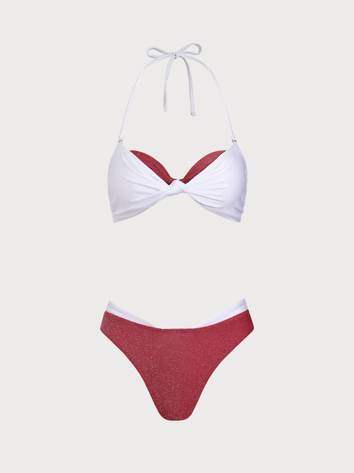 Women'S Polyester Knit Contrast Color Fake Two Piece Bikini Set Red Bikinis - SAMIOLSWIM