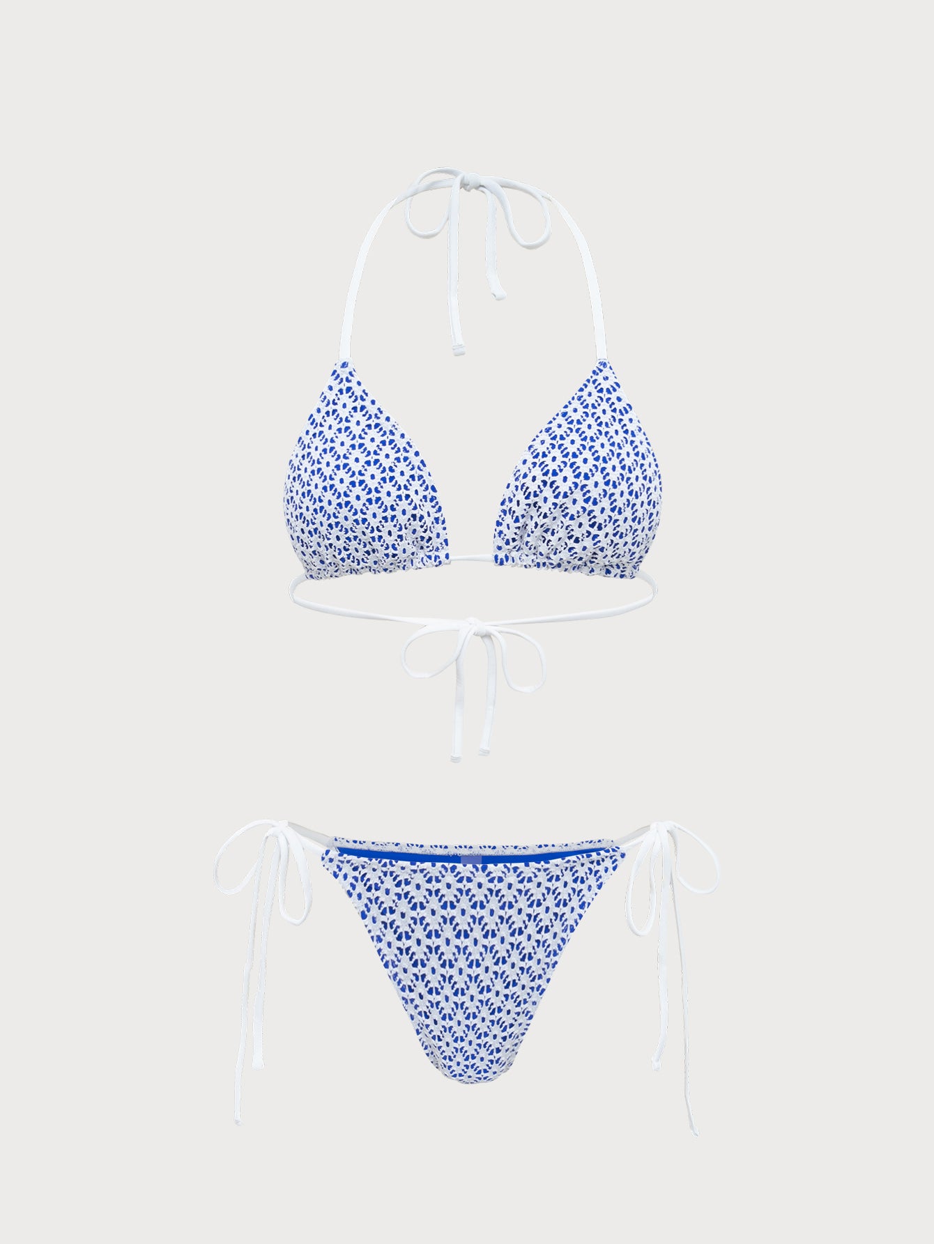 Women'S Polyester Knit Contrast Color Hollow Mesh Bikini Set Blue Bikinis - SAMIOLSWIM