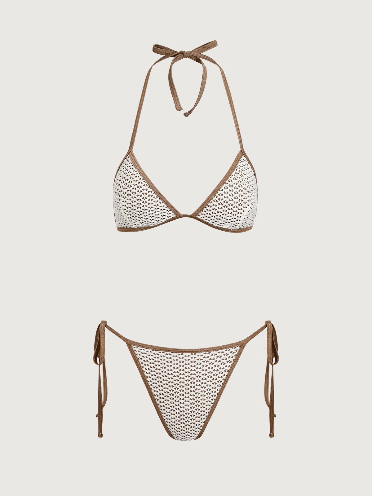 Women'S Polyester Knit Contrast Color Mesh Bikini Set Brown Bikinis - SAMIOLSWIM