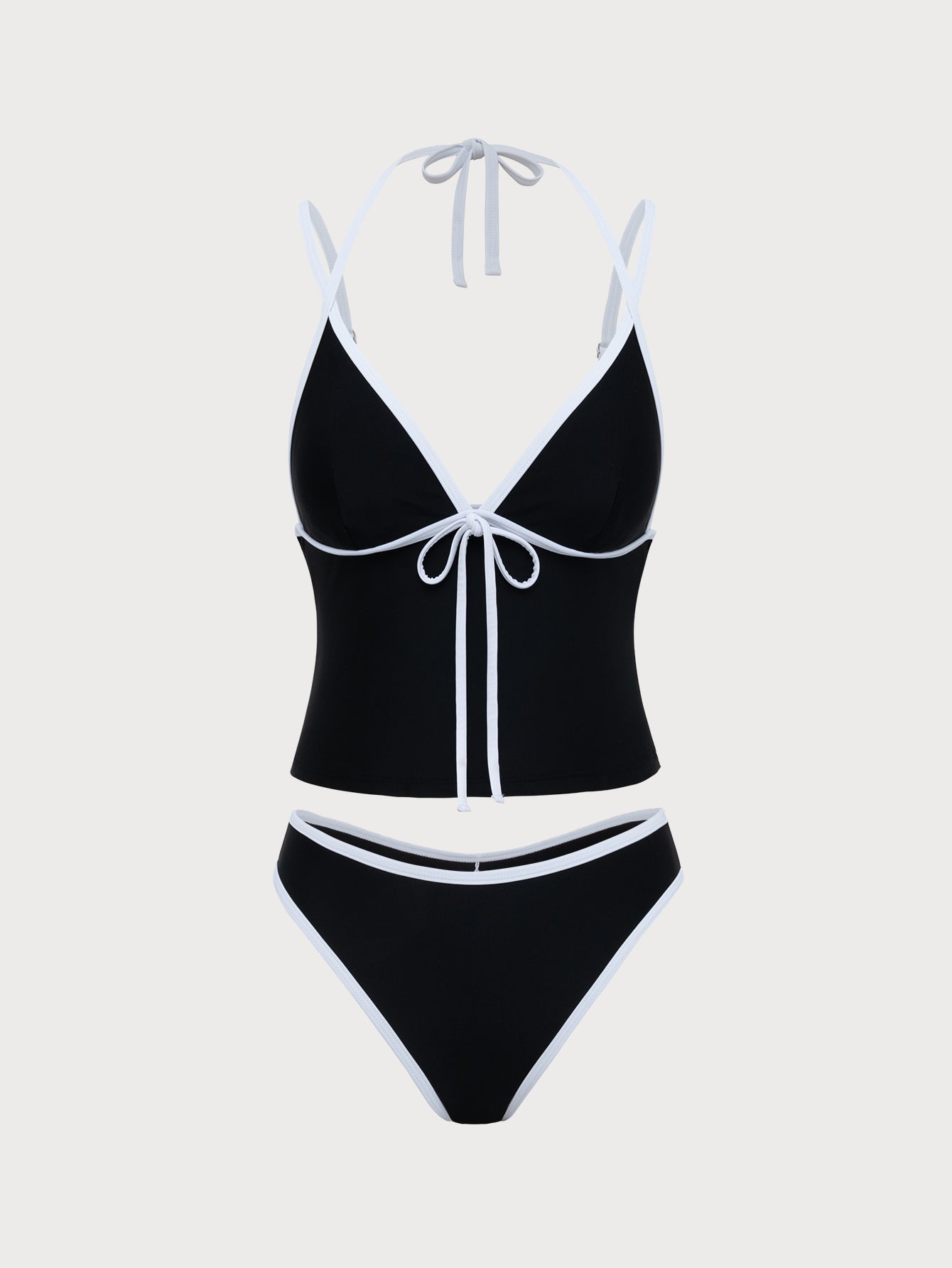 Women'S Polyester Knit Contrast Color Tankini Swimsuit Black Tankinis - SAMIOLSWIM