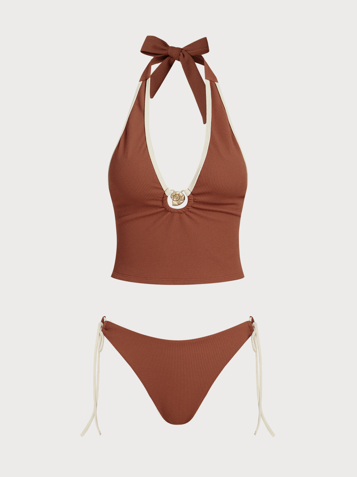 Women'S Polyester Knit Contrast Conch Shell V-Neck Tankini Set Tankinis - SAMIOLSWIM