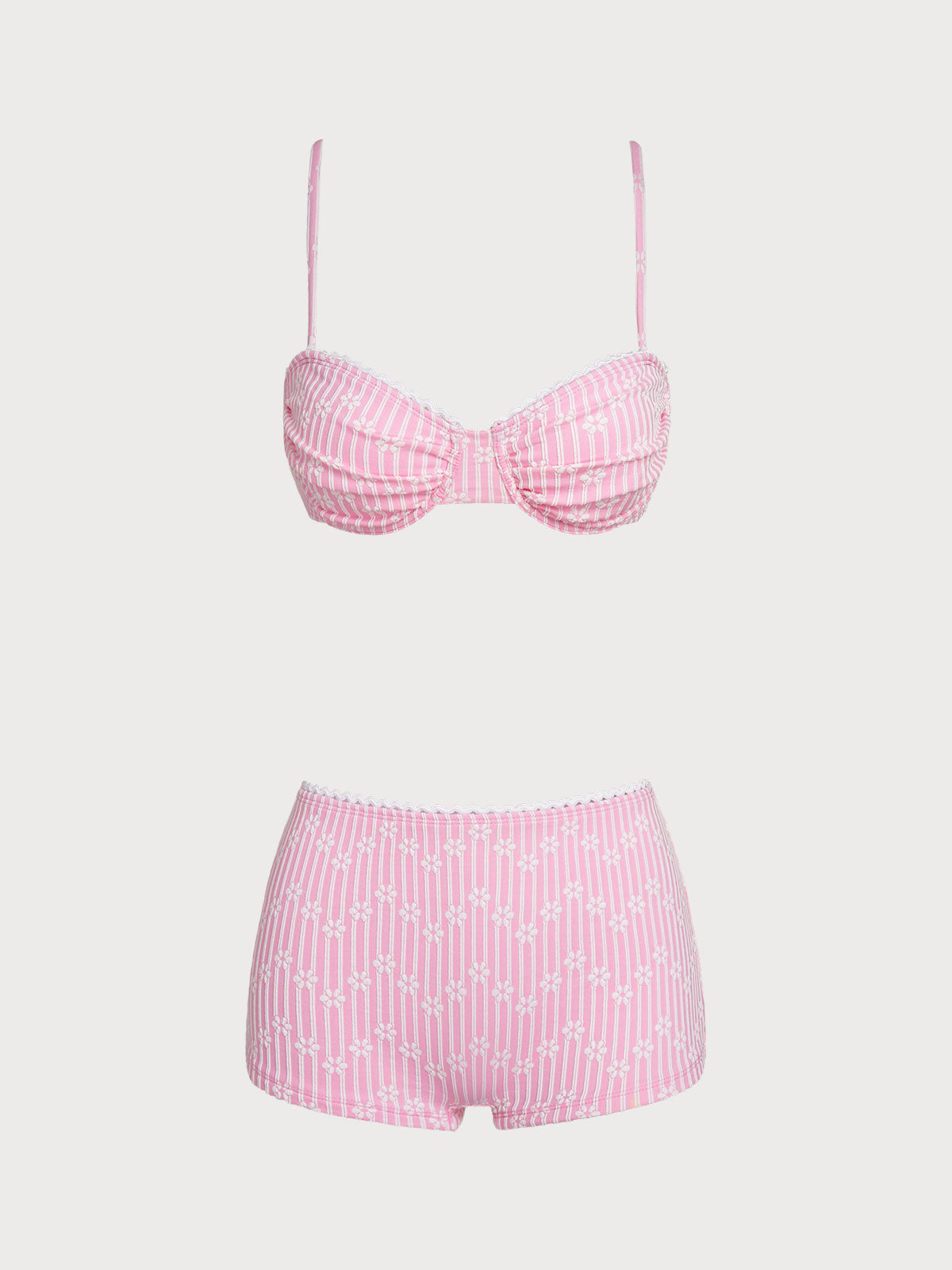 Women'S Polyester Knit Contrast Floral Shorts Bikini Set Pink Bikinis - SAMIOLSWIM