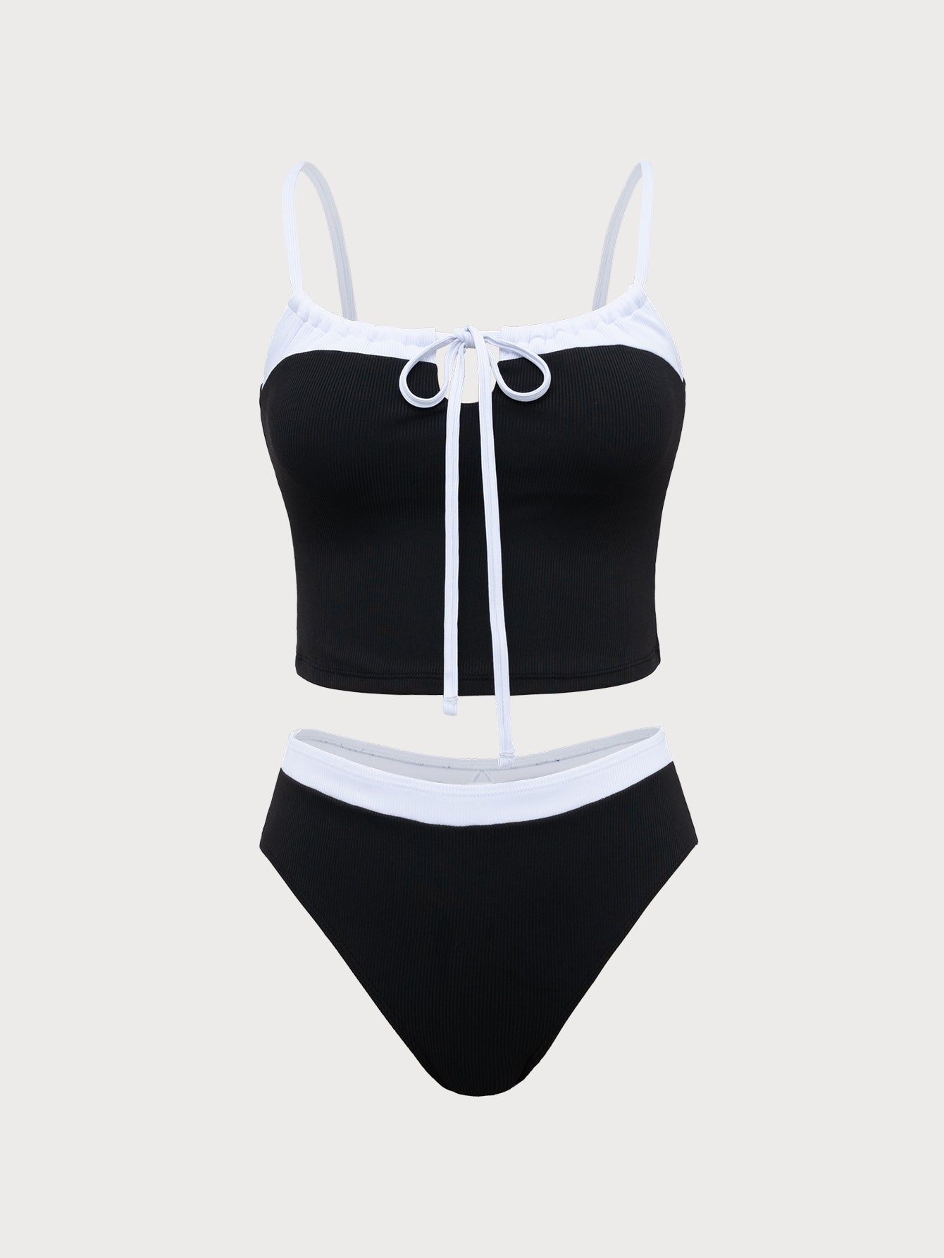 Women'S Polyester Knit Contrast Hollow Tankini Swimsuit Black Tankinis - SAMIOLSWIM