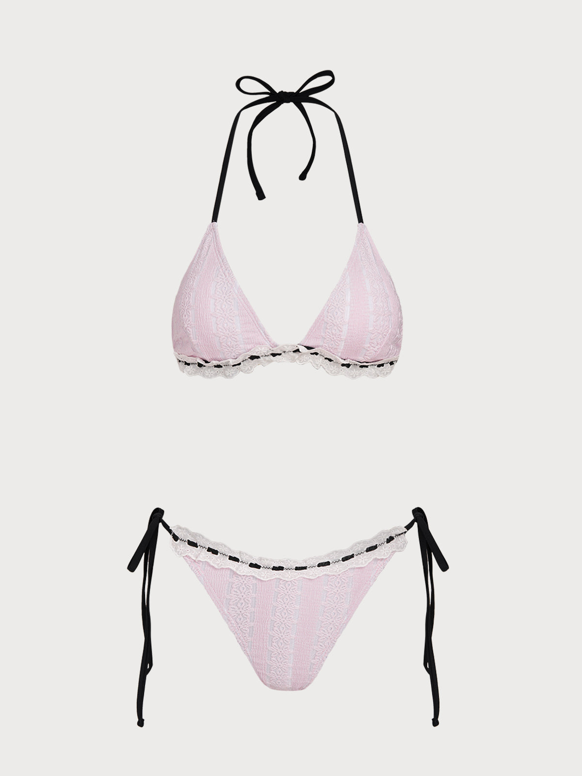 Women'S Polyester Knit Contrast Lace Bikini Set Pink Bikinis - SAMIOLSWIM