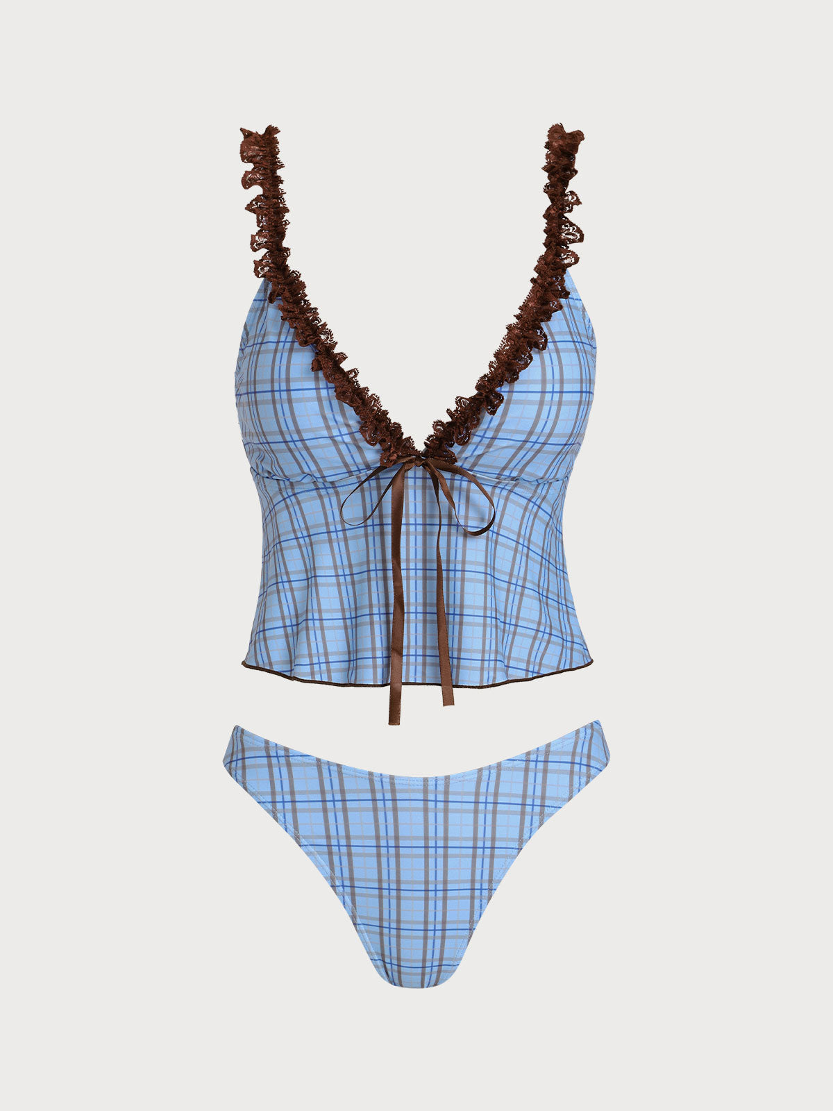 Women'S Polyester Knit Contrast Lace Plaid Print Tankini Three-Piece Swimsuit Blue Tankinis - SAMIOLSWIM