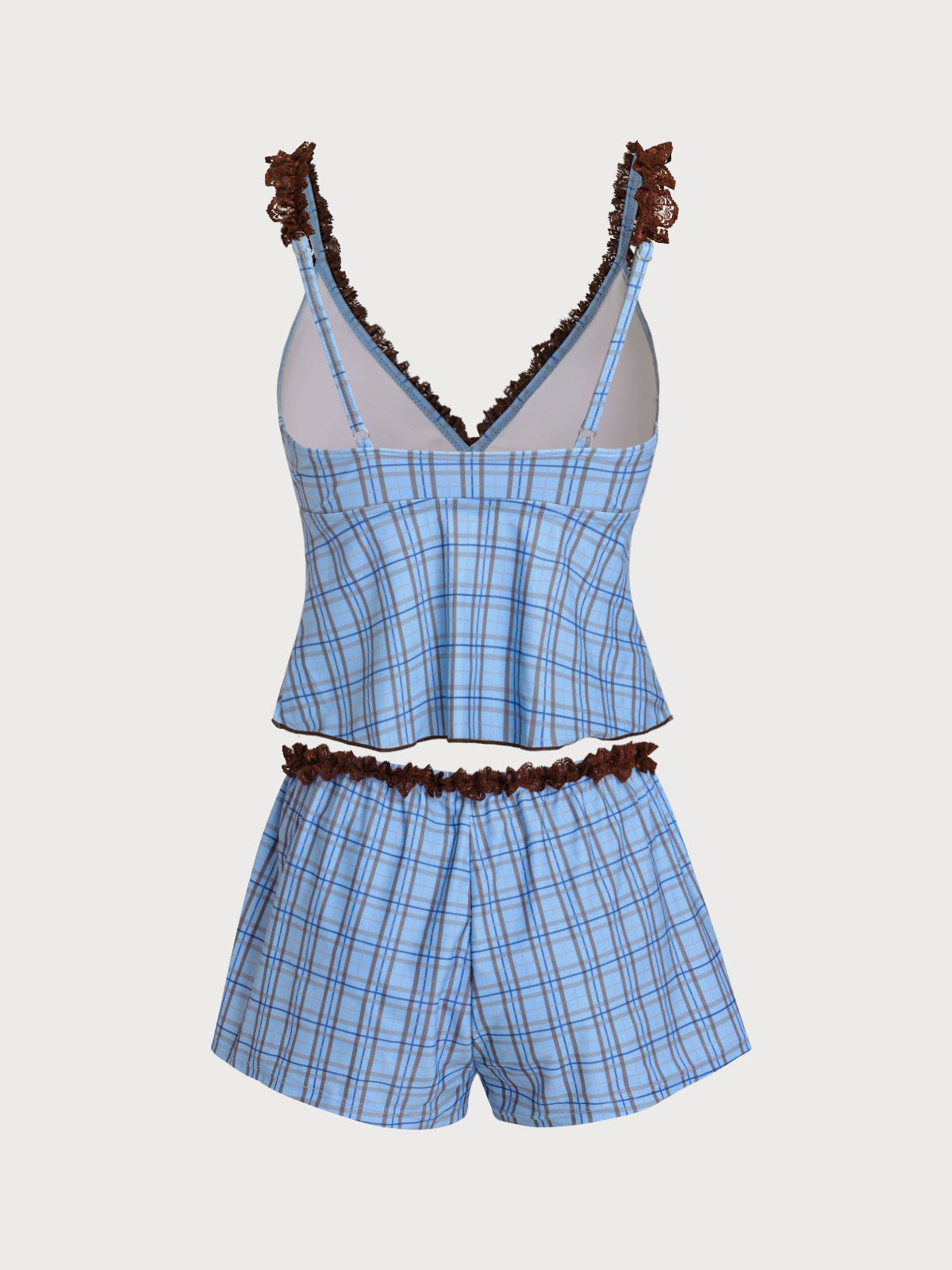 Women'S Polyester Knit Contrast Lace Plaid Print Tankini Three-Piece Swimsuit Tankinis - SAMIOLSWIM