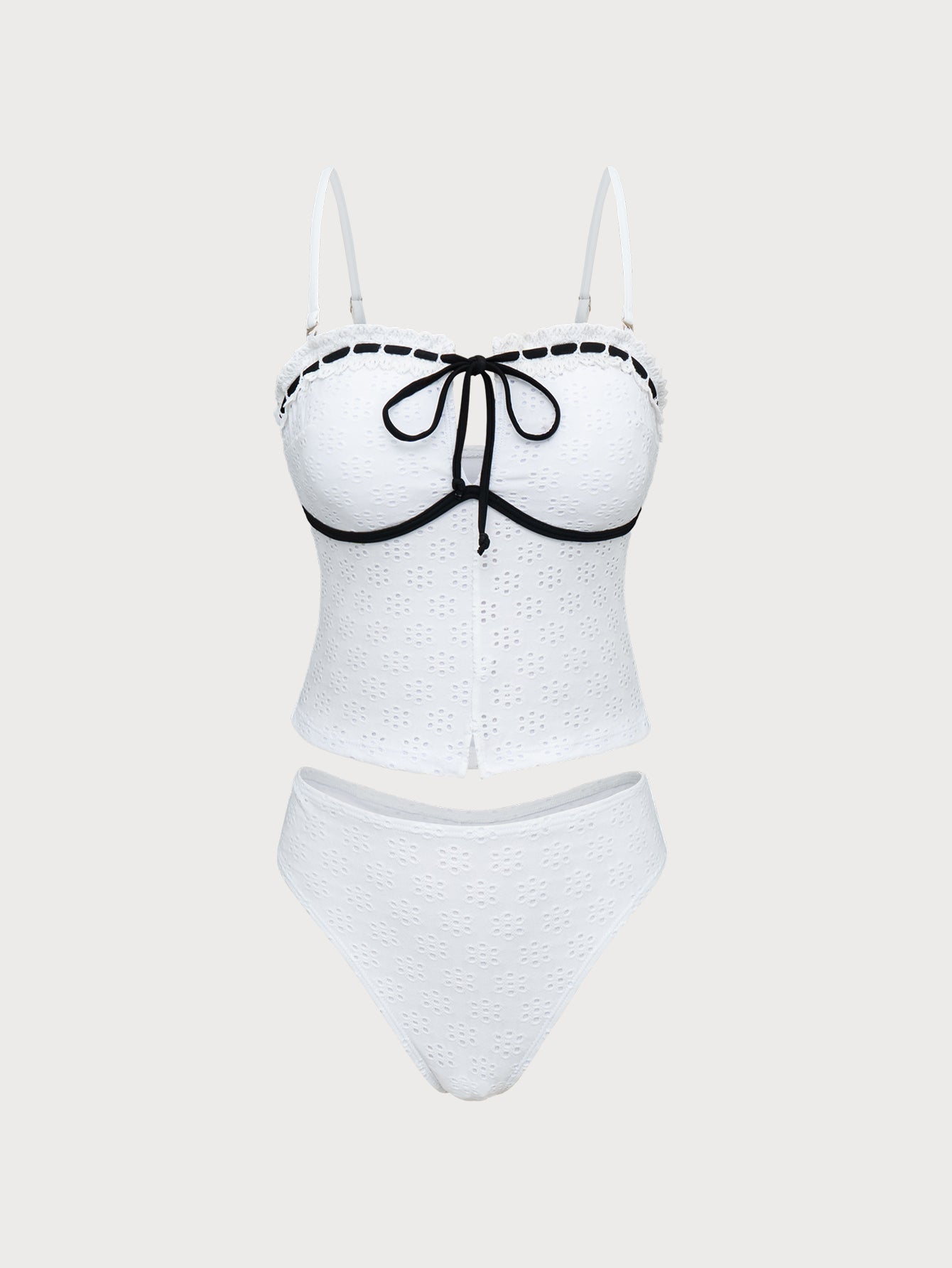 Women'S Polyester Knit Contrast Lace Retro Tankini Swimsuit White Tankinis - SAMIOLSWIM