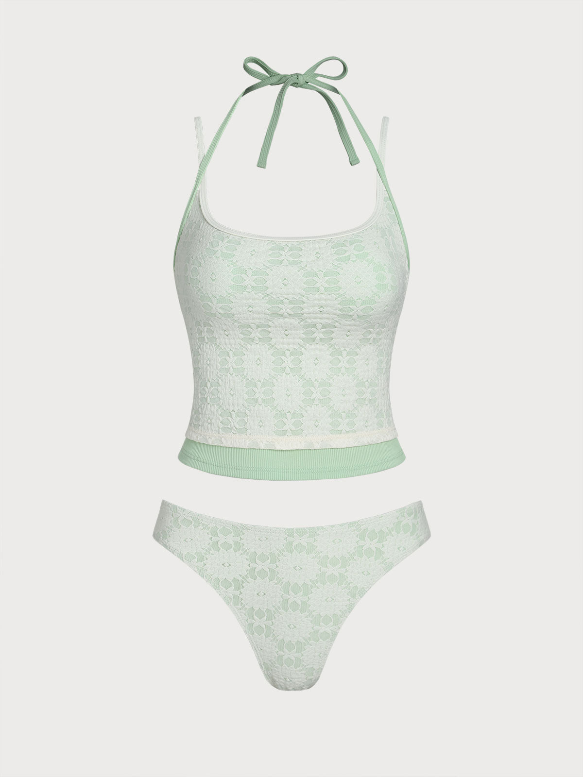 Women'S Polyester Knit Contrast Lace Tankini Swimsuit Light Green Tankinis - SAMIOLSWIM