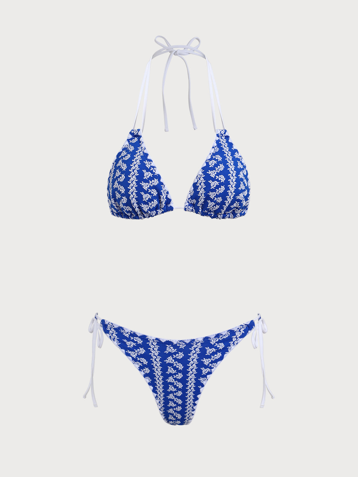 Women'S Polyester Knit Contrast Vintage Textured Floral Bikini Set Blue Bikinis - SAMIOLSWIM