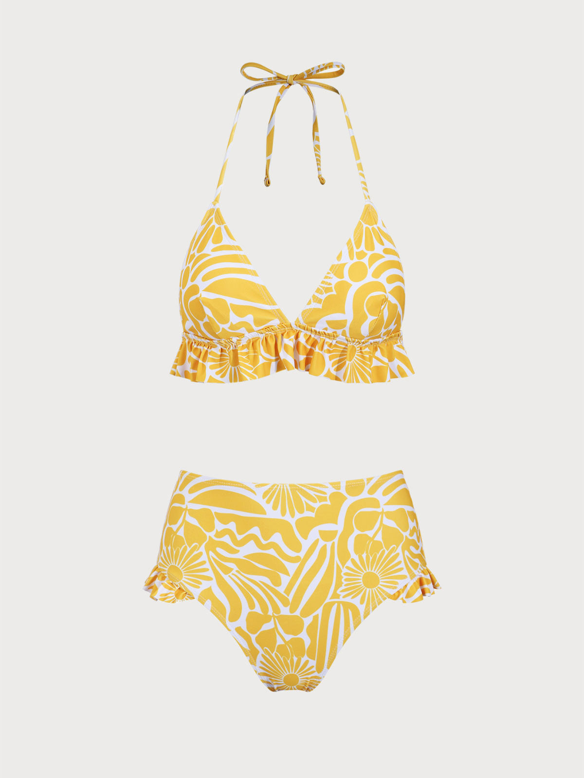Women'S Polyester Knit Floral Ruffle Bikini Set Yellow Bikinis - SAMIOLSWIM